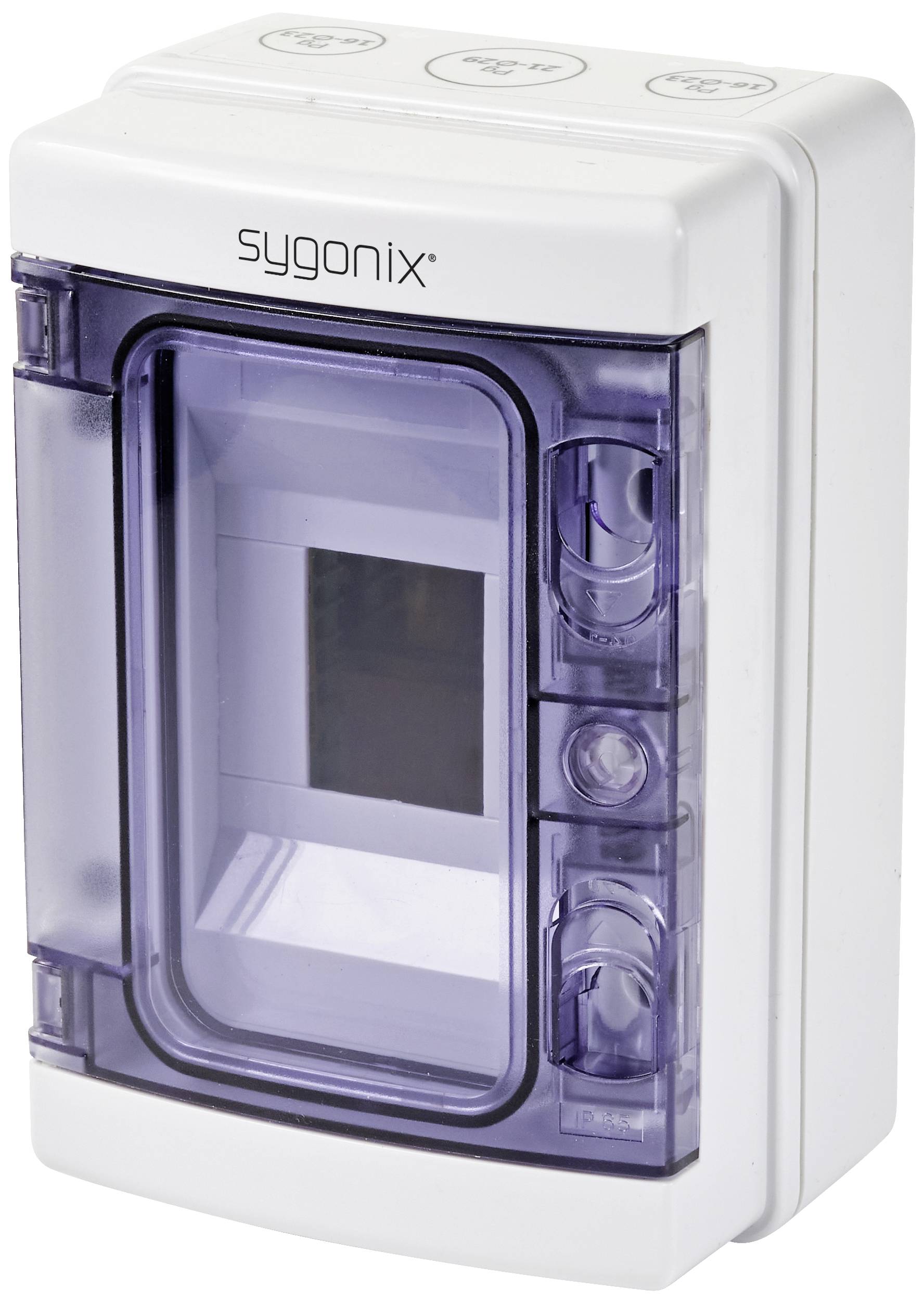 Elektrischer Verteilerkasten mit transparentem, abnehmbaren Deckel und Markenlogo oben; wird für Sicherheits- und Anschlusszwecke verwendet.