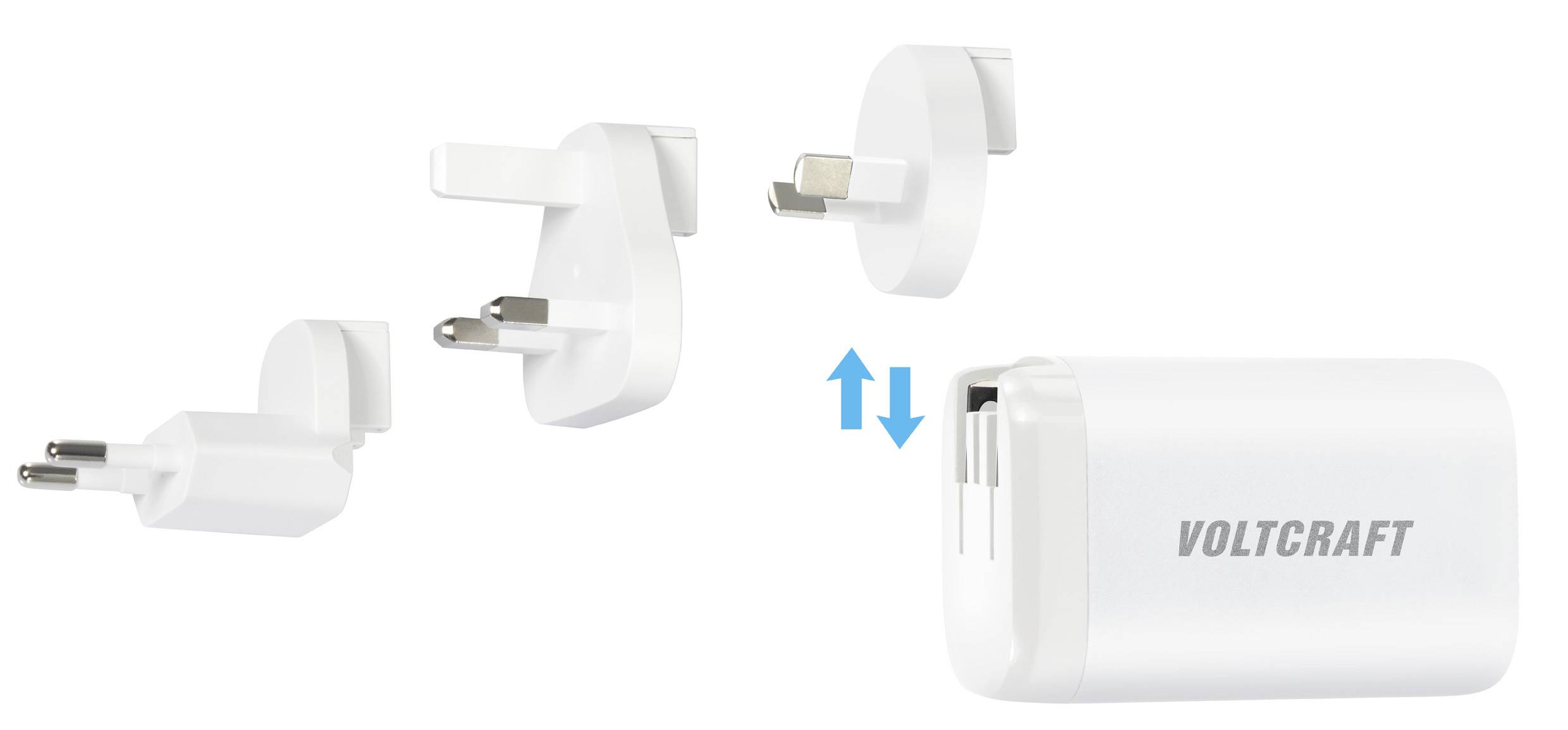 VOLTCRAFT UC-3ACX004 Reiseladeadapter 65W 1x USB-A, 2x USB-C® USB PD Weiß GaN, mit Europa-Adapter, mit UK-Adapter, mit