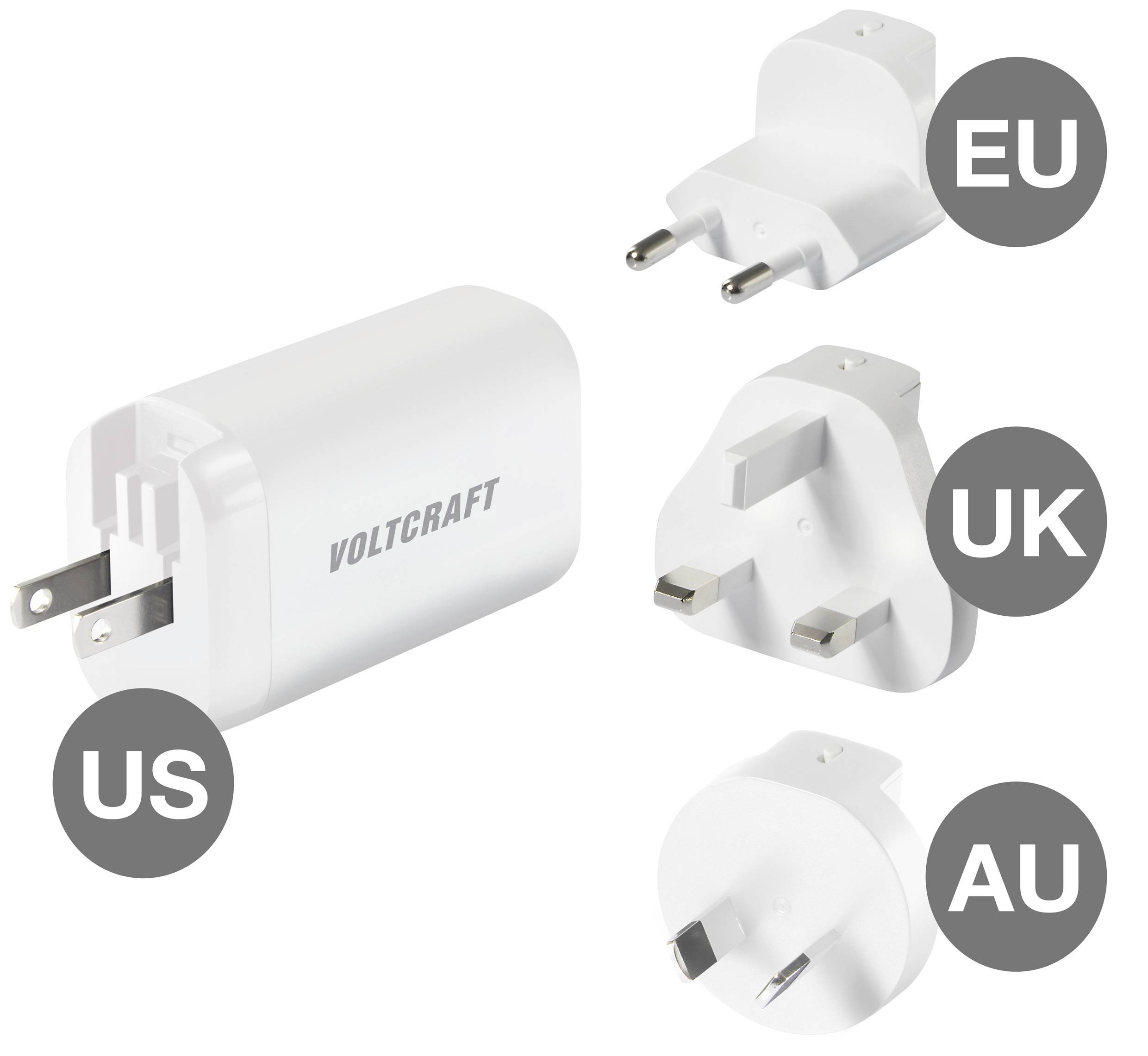 VOLTCRAFT UC-3ACX004 Reiseladeadapter 65W 1x USB-A, 2x USB-C® USB PD Weiß GaN, mit Europa-Adapter, mit UK-Adapter, mit