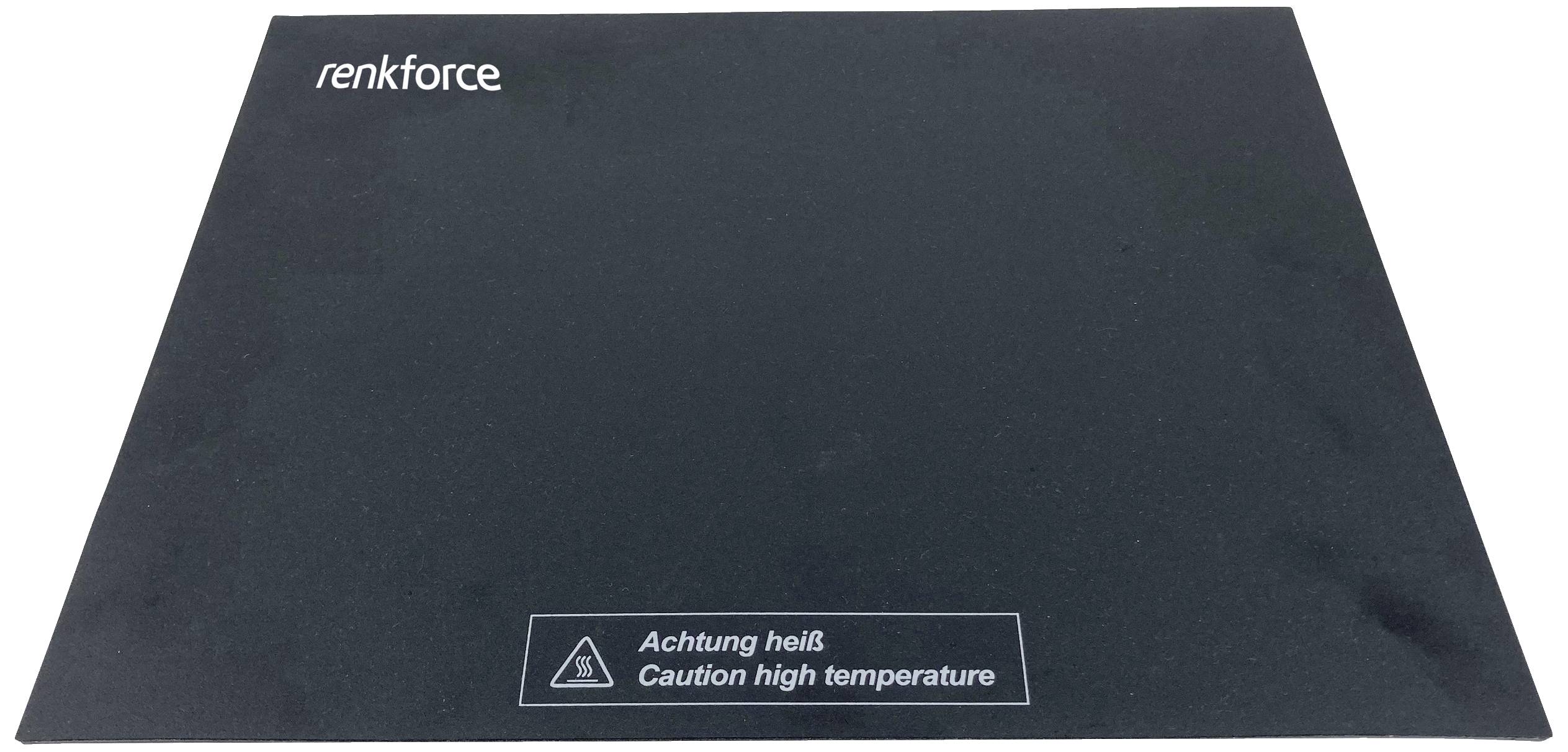 Schwarze 3D-Druckerplatte der Marke 'renkforce' mit Warnhinweis: 'Achtung heiß / Caution high temperature'.