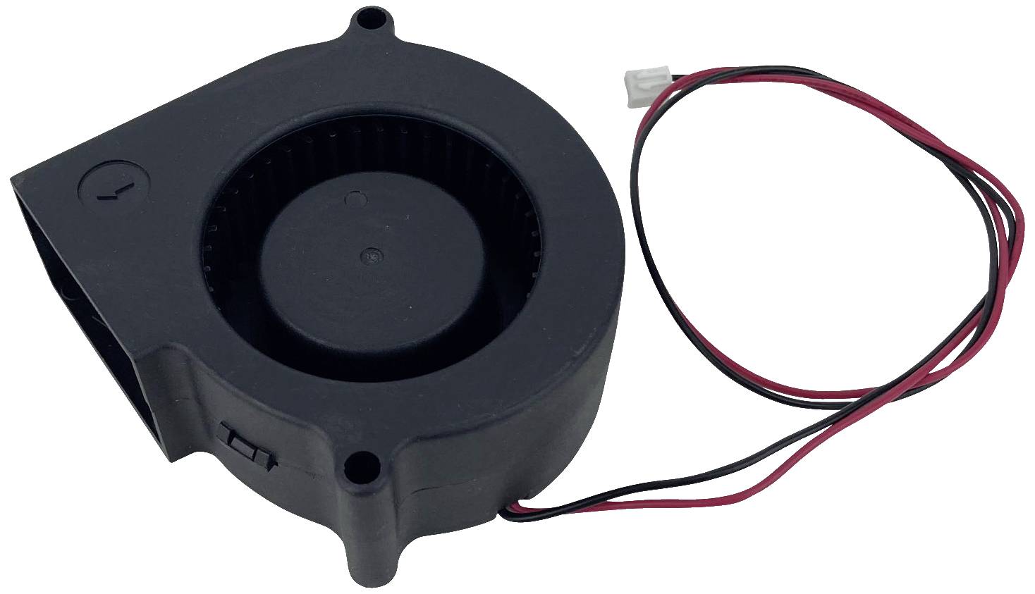 Kleiner schwarzer Lüfter mit zwei Kabeln in Rot und Schwarz. Der Lüfter dient zur Kühlung und hat eine runde Form mit einem Gehäuse.