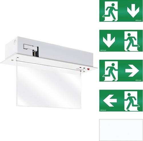 Das Bild zeigt eine Notausgangsleuchte mit grünem Piktogramm. Symbole weisen den Weg nach unten, rechts oder links zu einem Fluchtweg.