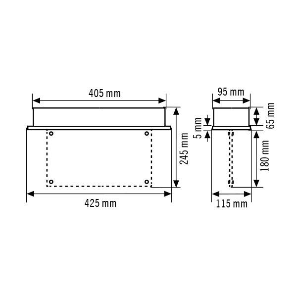 Technische Zeichnung von zwei rechteckigen Objekten mit Maßen. Links: 425x245x405 mm, Rechts: 115x180x65 mm. Maßangaben in Millimetern.