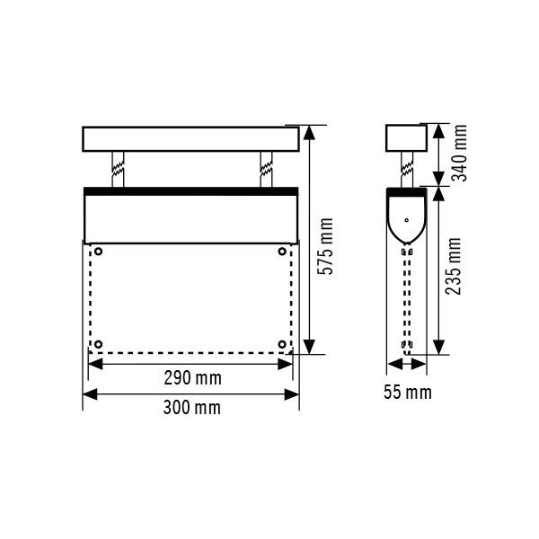 Konstruktionszeichnung einer Wandhalterung mit Maßen: Breite 300 mm, Höhe 575 mm, Tiefe 55 mm, Befestigungslöcher bei 290 mm.