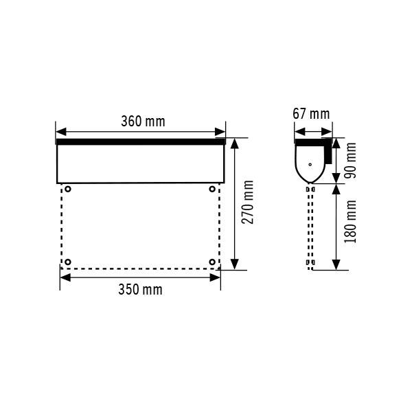 Maßzeichnung eines rechteckigen Bauteils: 360 mm Breite, 270 mm Höhe, 350 mm Tiefe. Detailansicht rechts zeigt 67 mm Breite, 180 mm Höhe.
