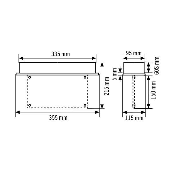 Technische Zeichnung einer rechteckigen Metallbox mit Abmessungen: Länge 355 mm, Breite 115 mm, Höhe 215 mm.