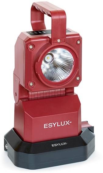 Rote, tragbare LED-Arbeitsleuchte mit Handgriff, Markenname 'ESYLUX' auf der Basis, geeignet für Baustellenbeleuchtung.