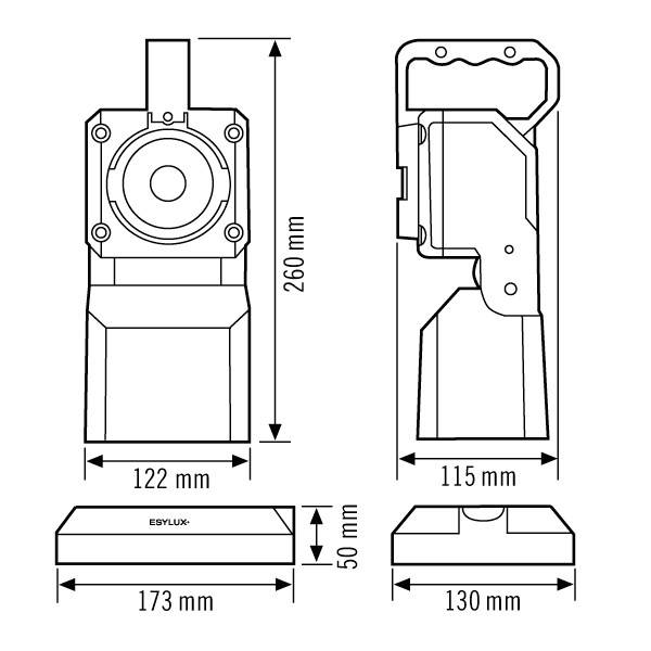 Strichzeichnung eines rechteckigen Geräts mit Abmessungen. Vorderansicht: 260 mm hoch, 122 mm breit. Seitliche Ansichten: 115 mm tief, 173 mm und 130 mm breit.
