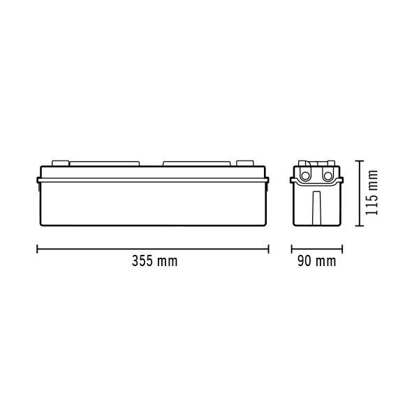 Zeichnung einer rechteckigen Batterie mit Maßen: Länge 355 mm, Breite 90 mm, Höhe 115 mm.