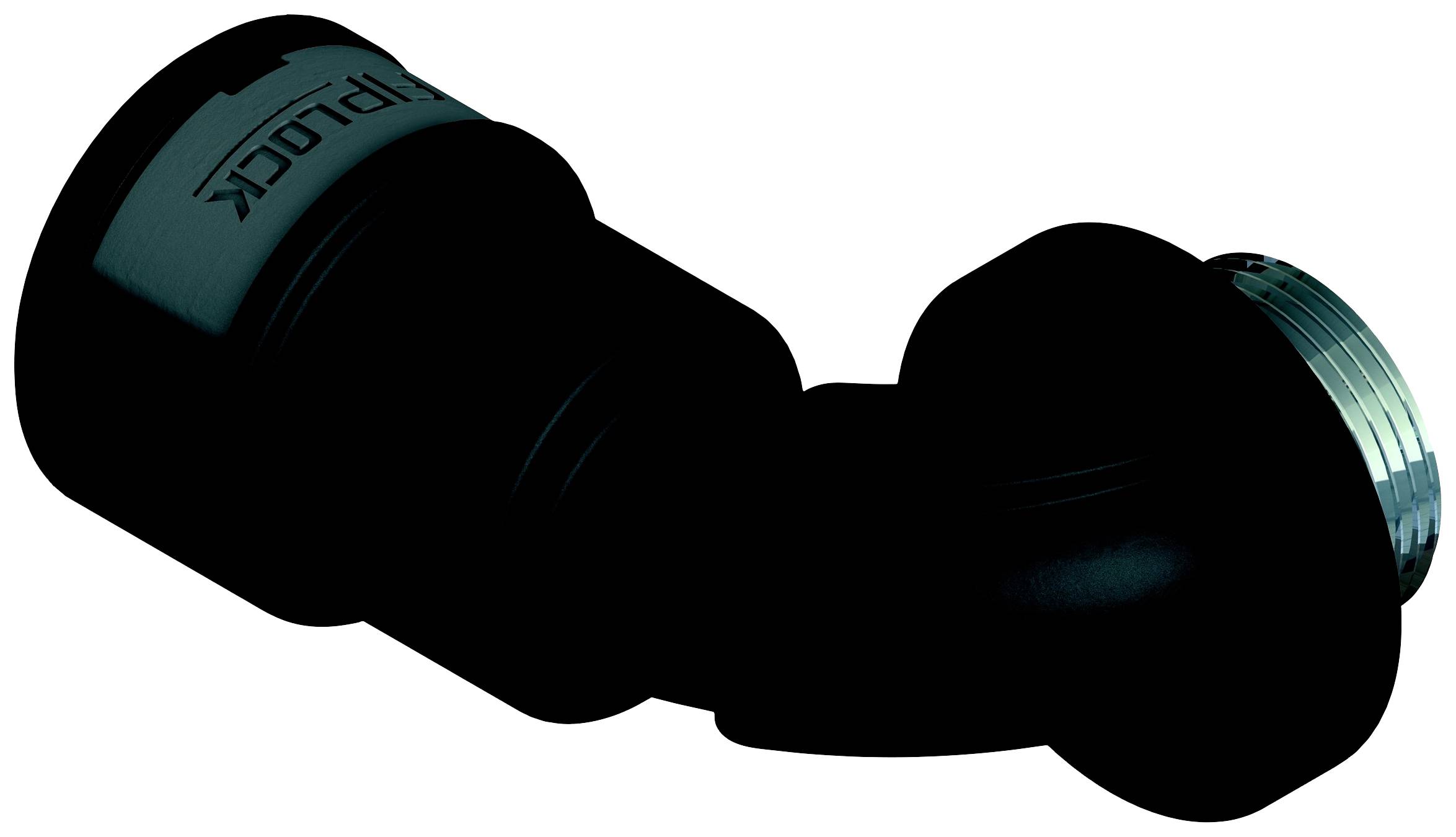 Schwarzer Kunststoffwinkel mit Gewindeanschluss, möglicherweise Teil eines Rohrleitungssystems.