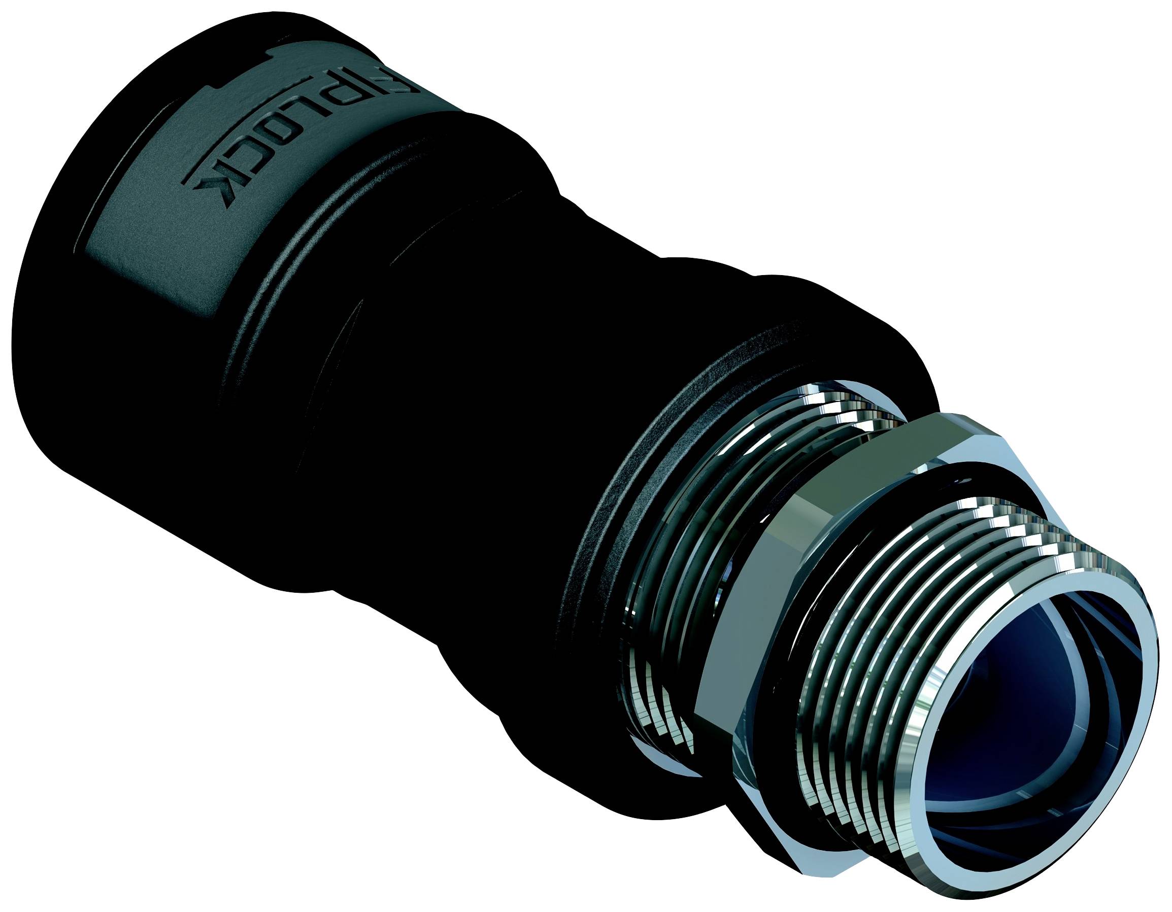 Ein schwarzer, metallischer Adapter mit Schraubgewinde, verwendbar für industrielle Anwendungen zur Verbindung von Rohren.