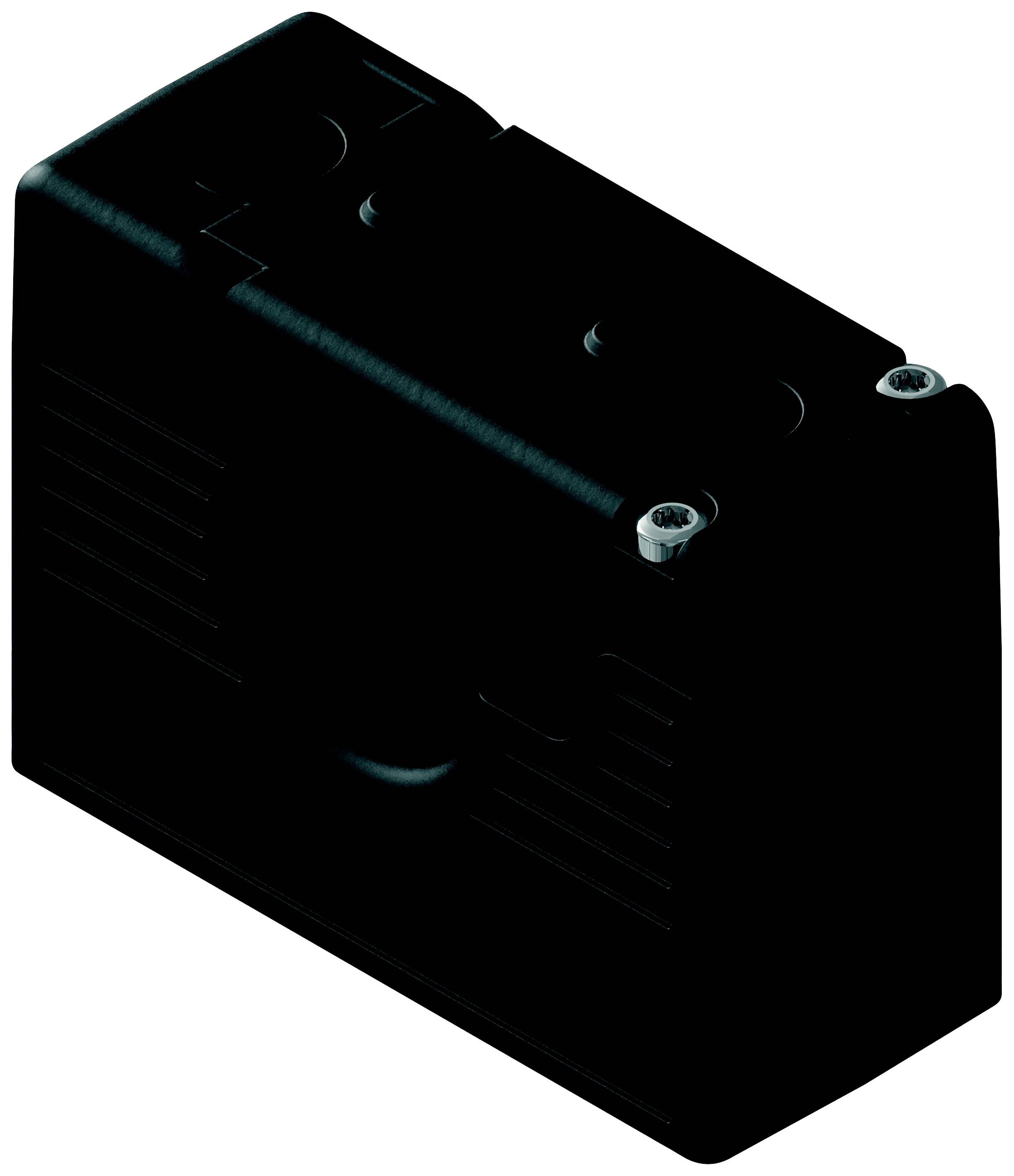 Ein schwarzer, rechteckiger Kasten, möglicherweise ein elektronisches Gerät, mit zwei sichtbaren Schrauben auf der Oberseite.