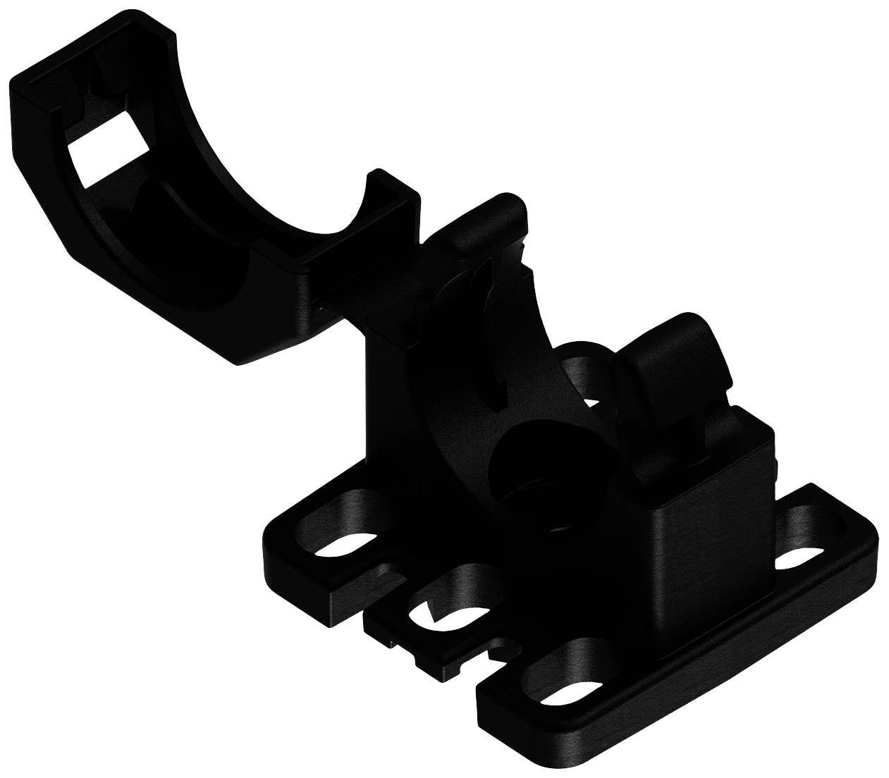Schwarzer Kunststoffkabelclip mit zwei Befestigungsöffnungen und einem Haltearm für das Bündeln von Kabeln in elektronischen Geräten.
