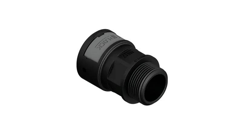 Ein schwarzes, zylindrisches Kunststoffgewinde-Bauteil, möglicherweise ein Adapter oder Verschluss, vor einem weißen Hintergrund.