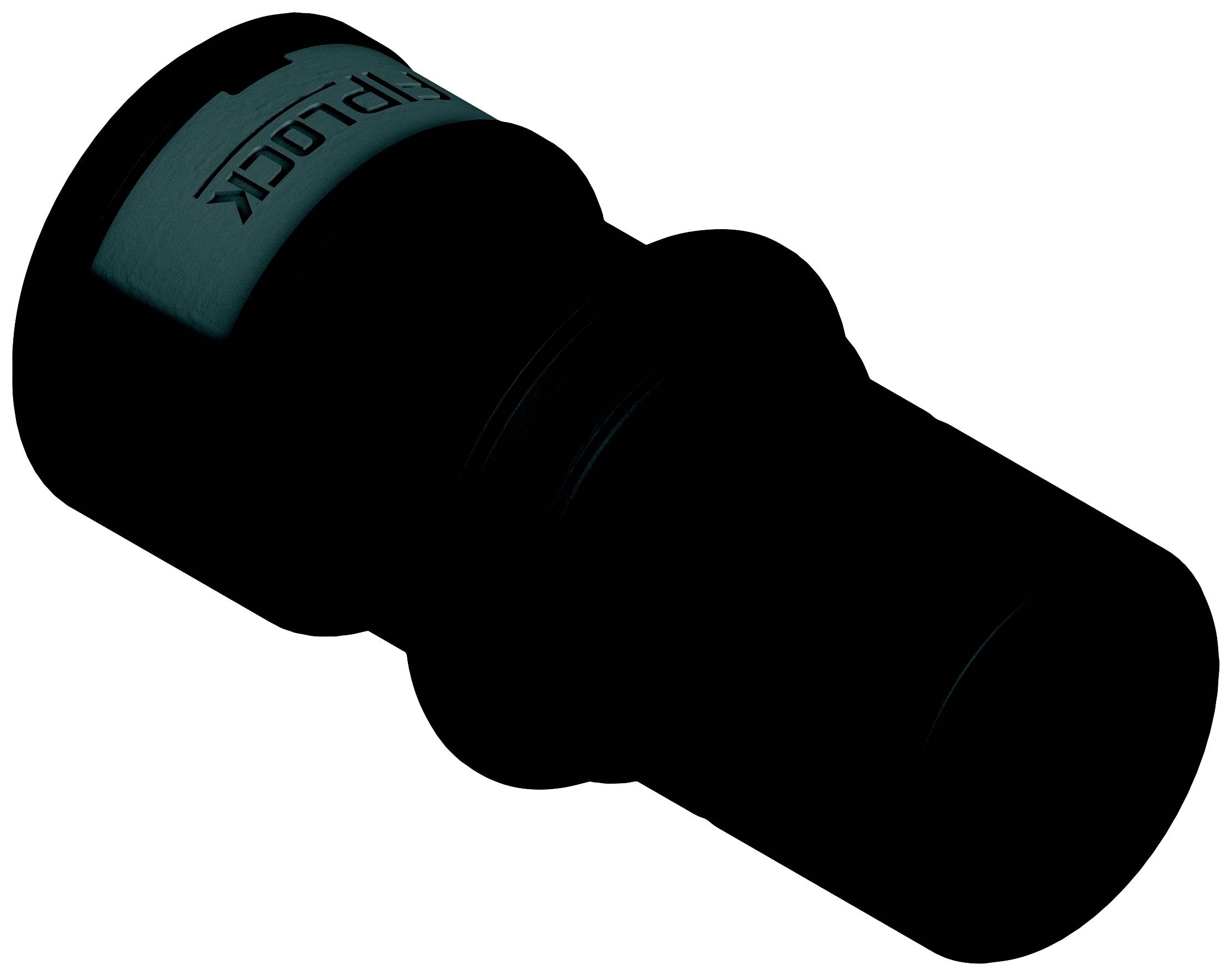 Ein schwarzer, zylindrischer Adapter mit geriffelter Oberfläche, möglicherweise ein Schlauch- oder Rohrverbinder, vor weißem Hintergrund.