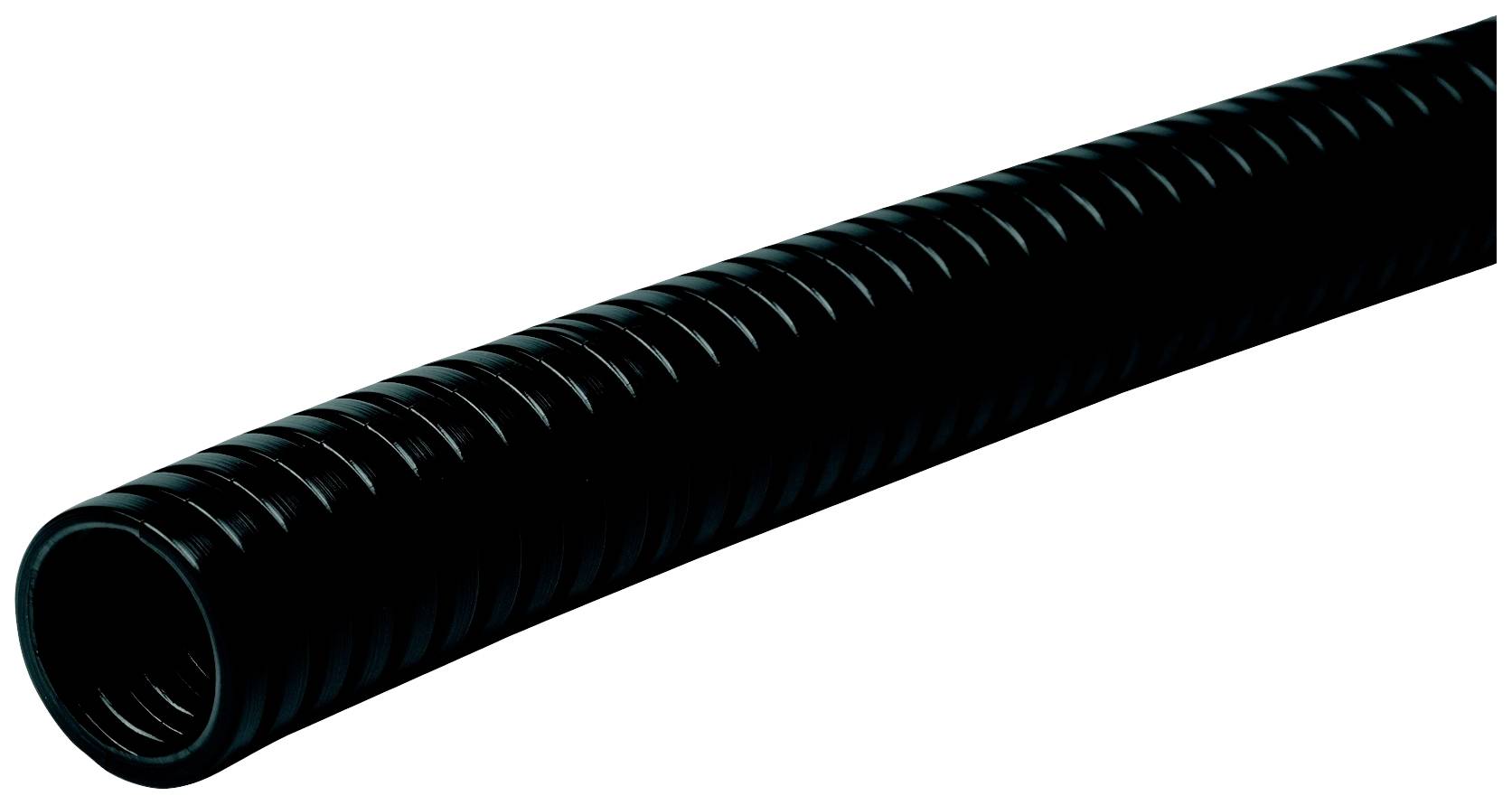 Schwarzer, gerippter Schlauch, der möglicherweise für den Transport von Flüssigkeiten oder Luft verwendet wird.