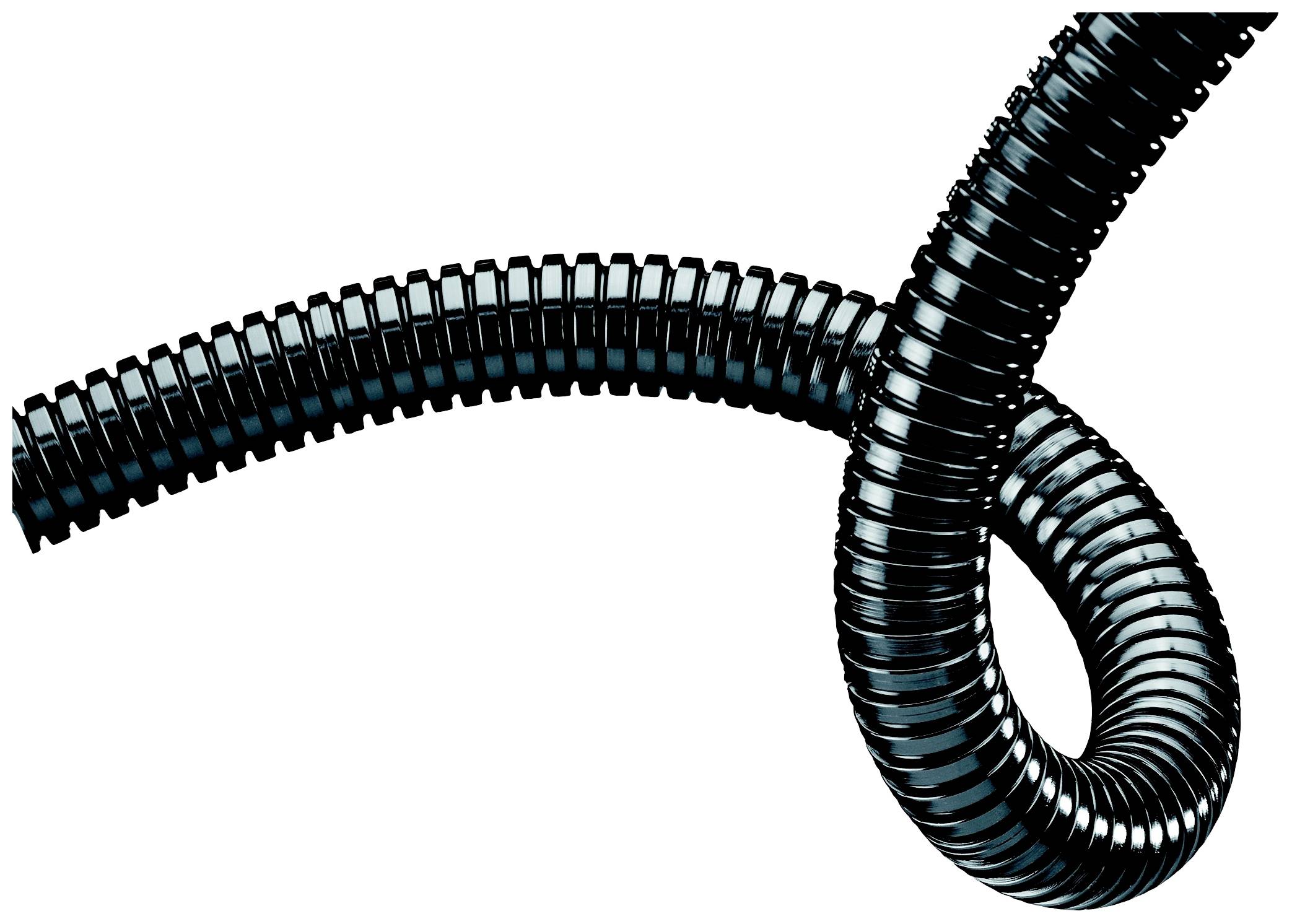 Eine schwarze, gewundene, flexible Röhre vor weißem Hintergrund, die eine Schleife bildet. Sie erinnert an eine industrielle Spirale.