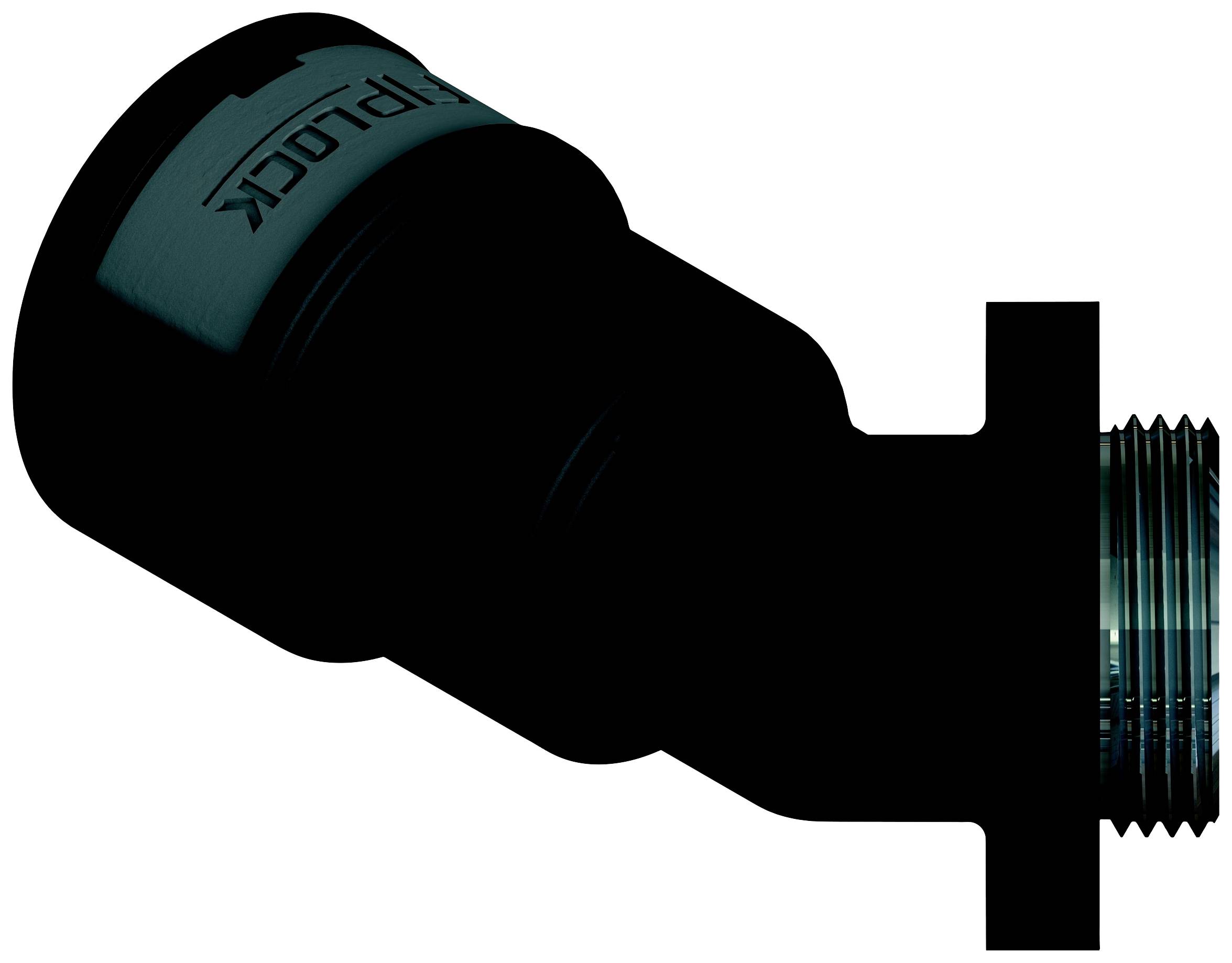 Schwarz gefärbte Metalleinheit mit zylindrischer Form und geriffeltem Anschlussgewinde.