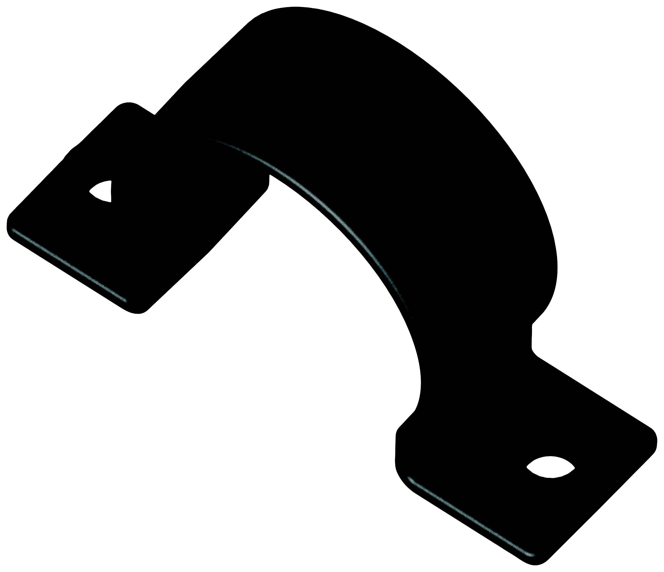 Ein schwarzes Metallband mit zwei Löchern an den Enden, leicht gebogen. Dient zur Befestigung von Rohren oder Kabeln an einer Oberfläche.