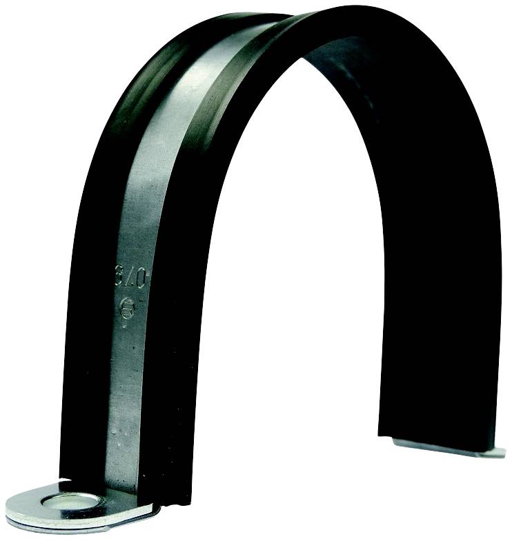 Ein schwarzer Rohrschelle aus Metall in U-Form, verwendet zur Befestigung von Rohren an Wänden oder Decken.