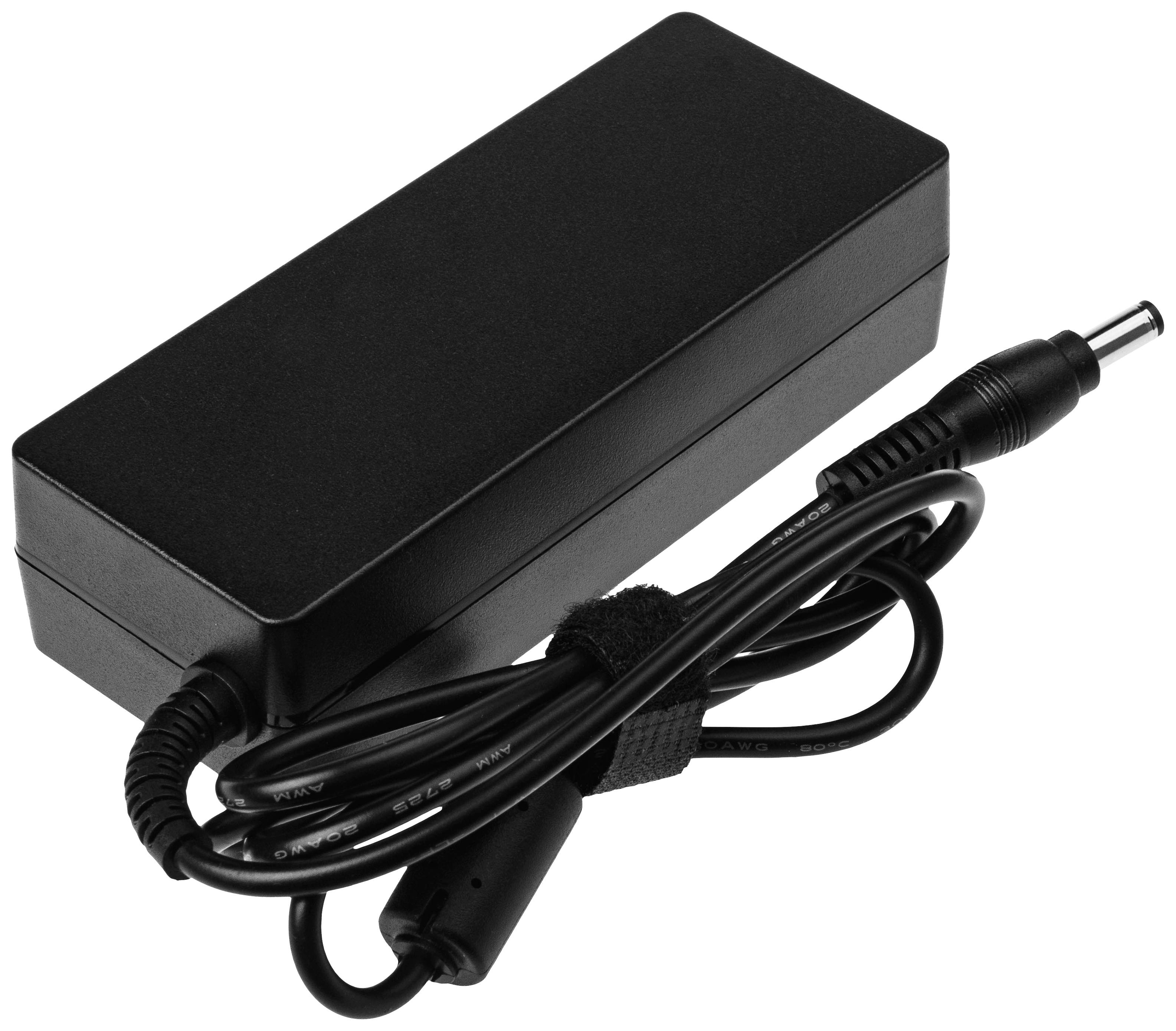 Ein schwarzes Laptop-Netzteil mit angeschlossenem Netzkabel.