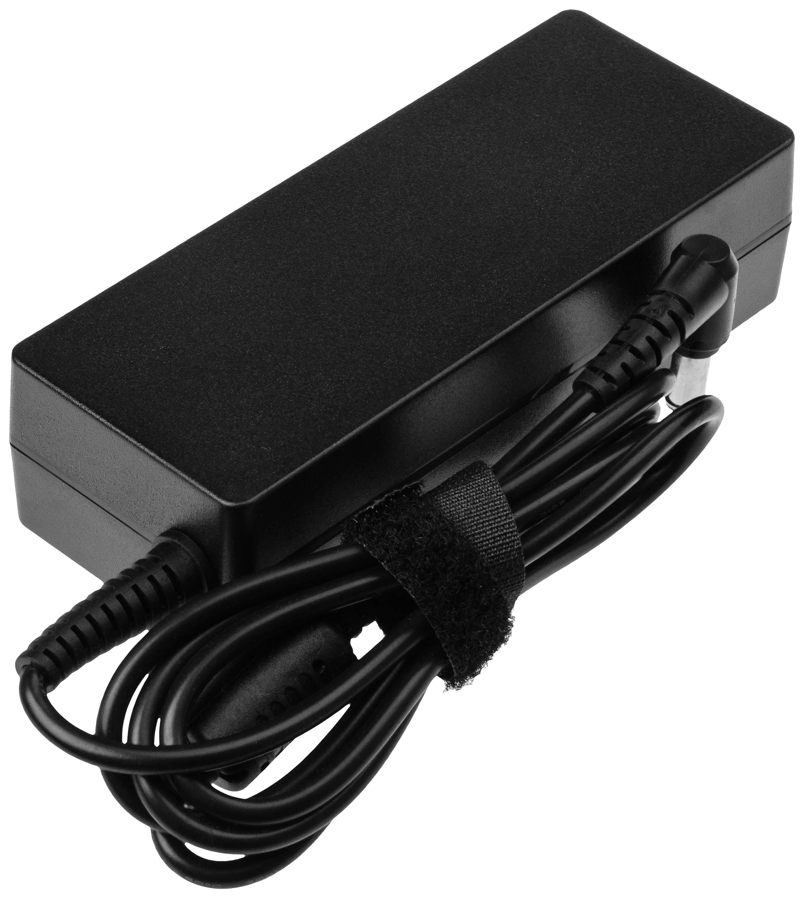 Schwarzes Laptop-Ladegerät mit verbundenem Kabel, das zusammengebunden ist.