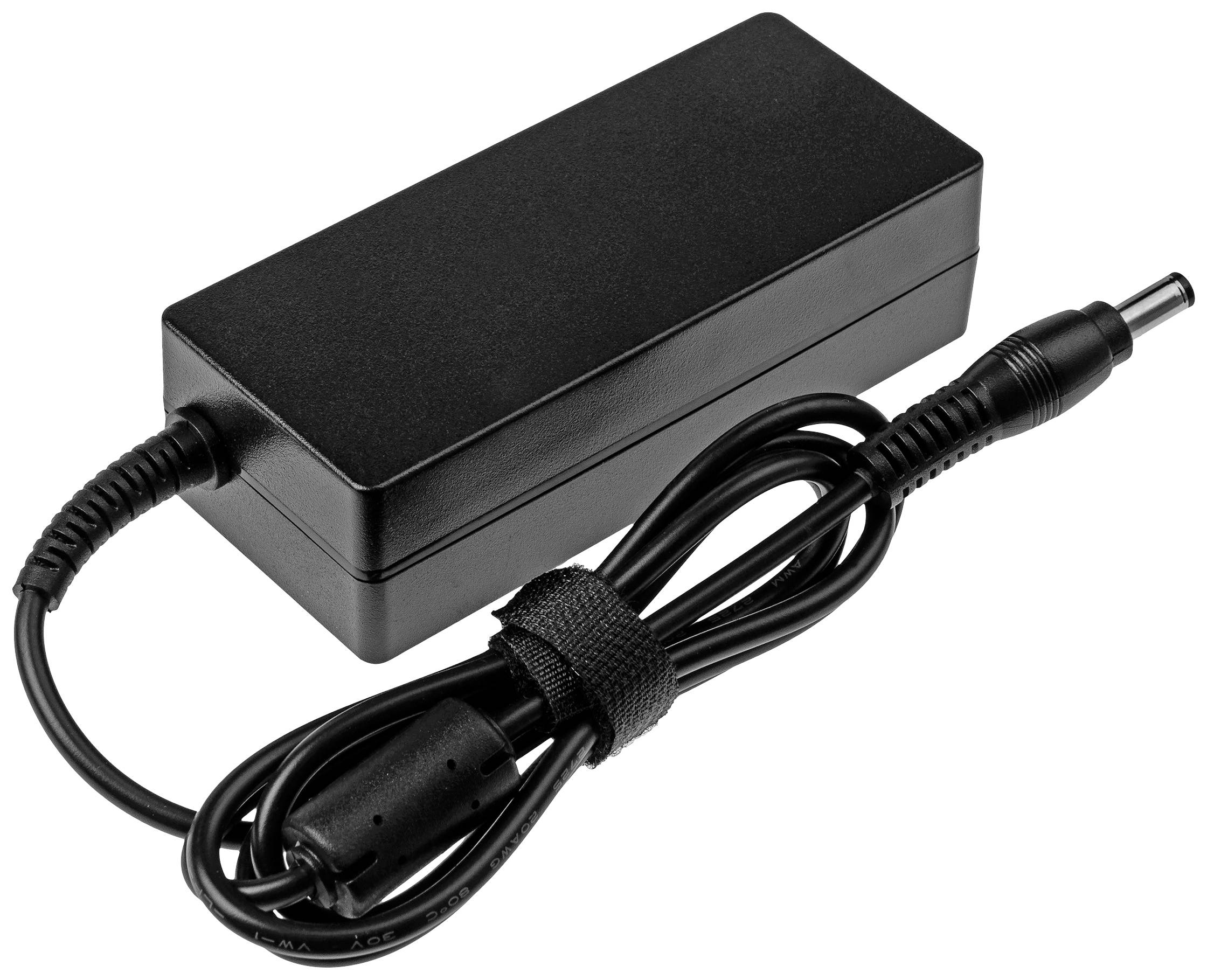 Ein schwarzes Laptop-Ladegerät mit integriertem Kabel und Stecker. Das Kabel ist aufgerollt und mit einem Klettverschluss gesichert.