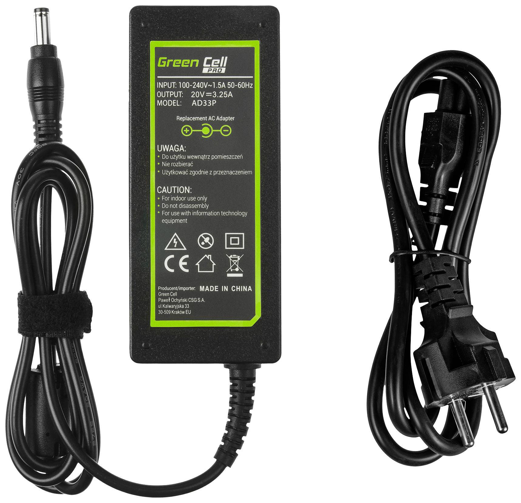 Ein schwarzes Netzteil mit einem abnehmbaren Netzkabel. Aufkleber zeigt technische Spezifikationen: Eingang 100-240V, Ausgang 20V-3.25A.