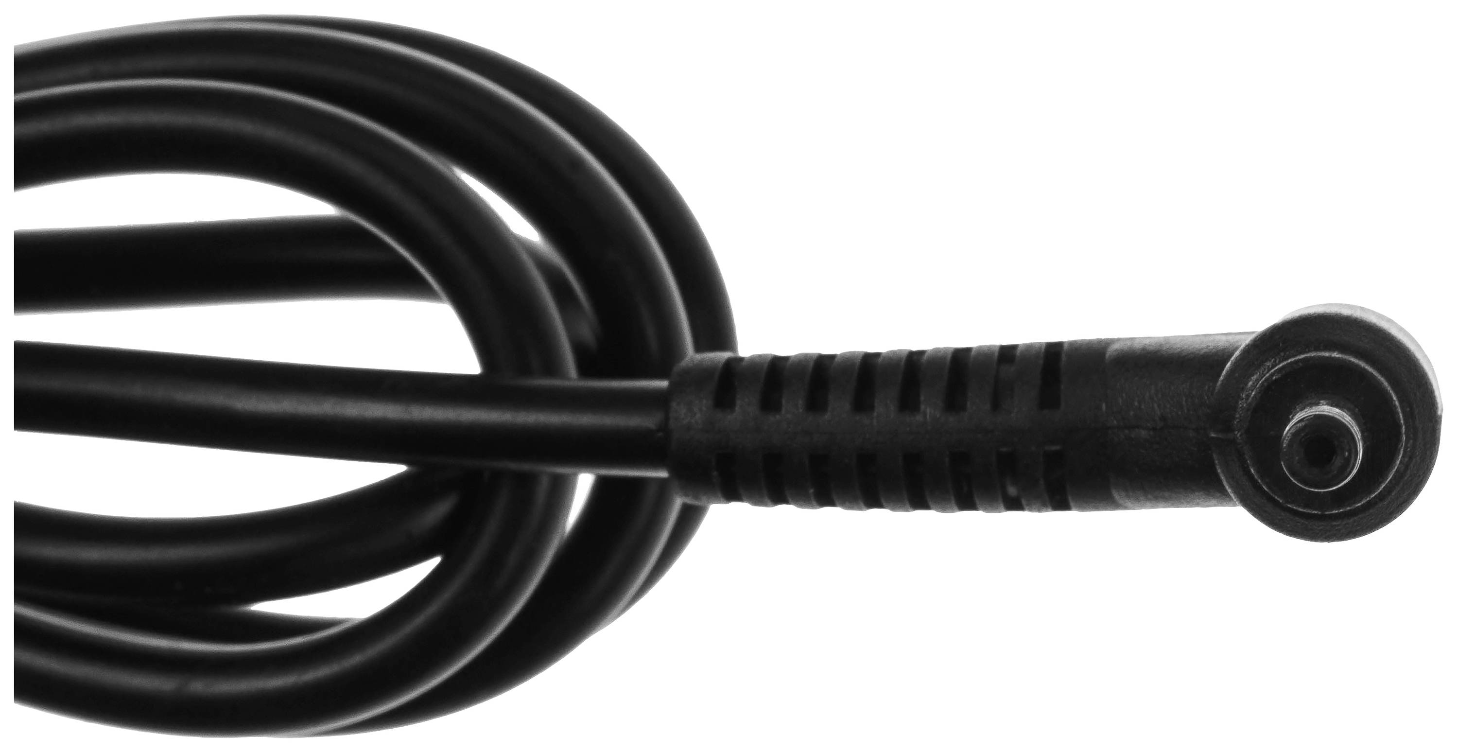 Ein schwarzes Elektronikkabel mit einem Rundstecker am Ende, dargestellt in einer Nahaufnahme.