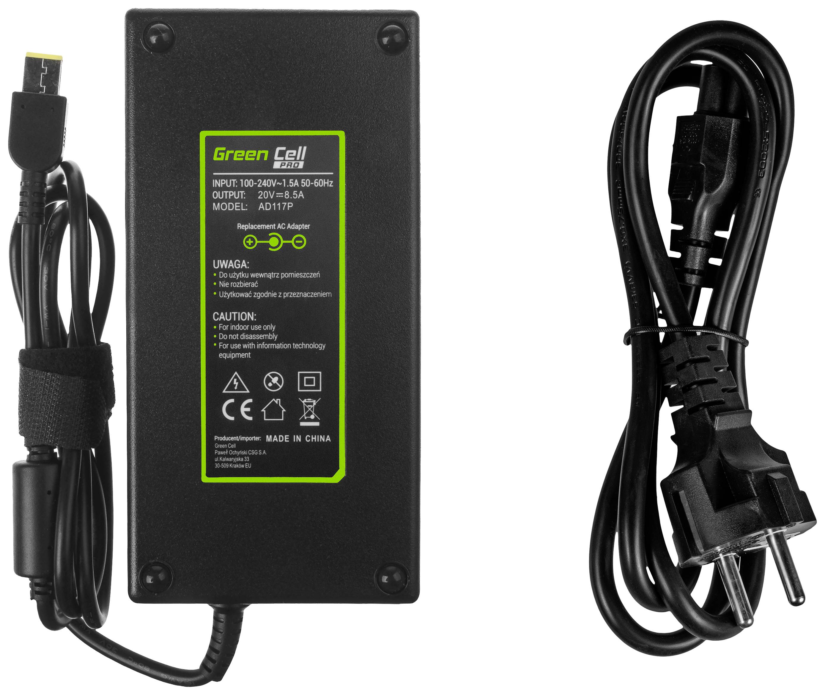 Netzteil mit schwarzem Gehäuse, Kabel und europäischem Stecker. Etikett zeigt Spezifikationen: Eingang 100-240V, Ausgang 20V, Modell ADTIP19P.