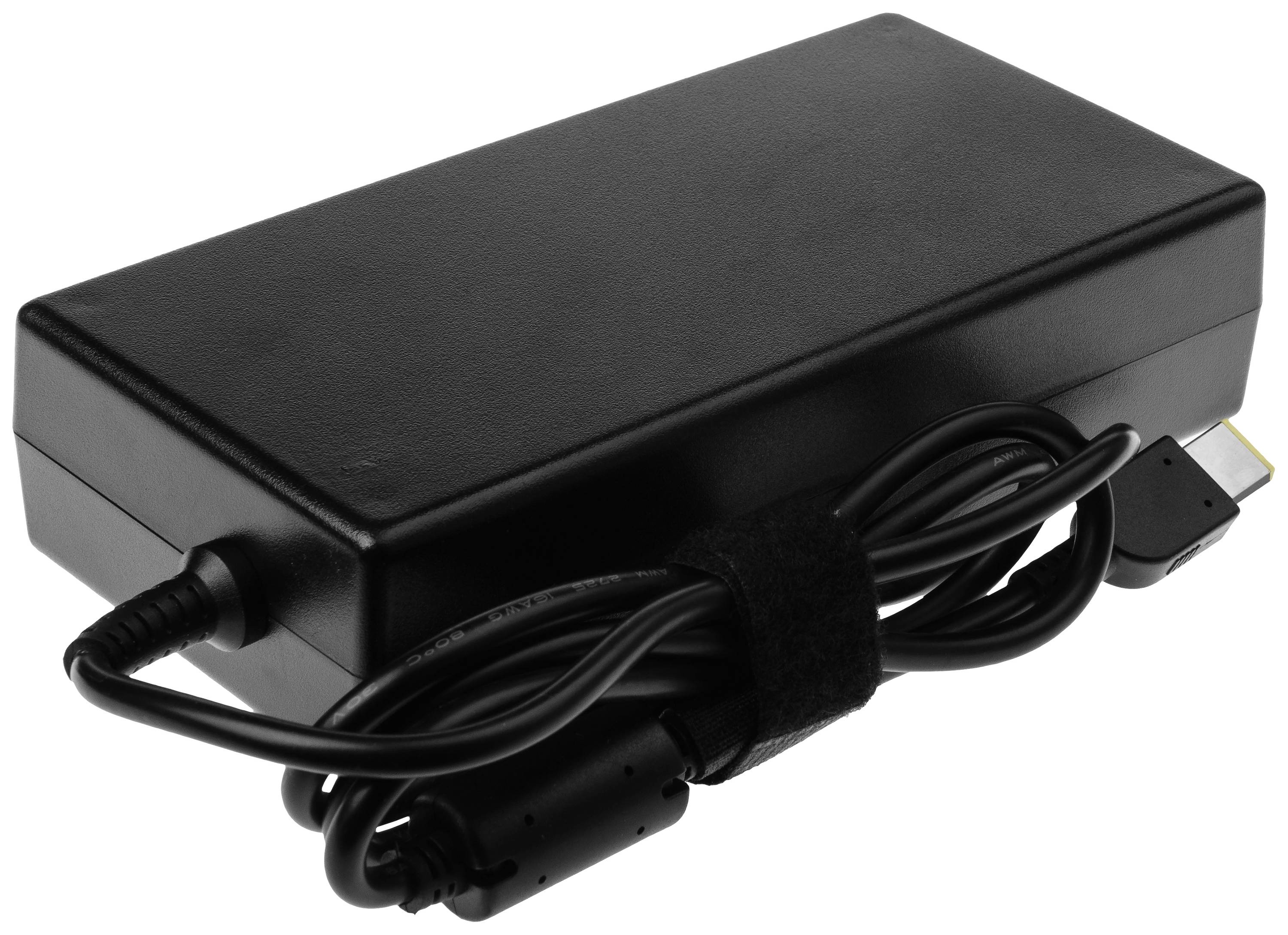 Ein schwarzes Laptop-Netzteil mit Kabel. Das Kabel ist aufgewickelt und durch einen Klettverschluss gesichert.