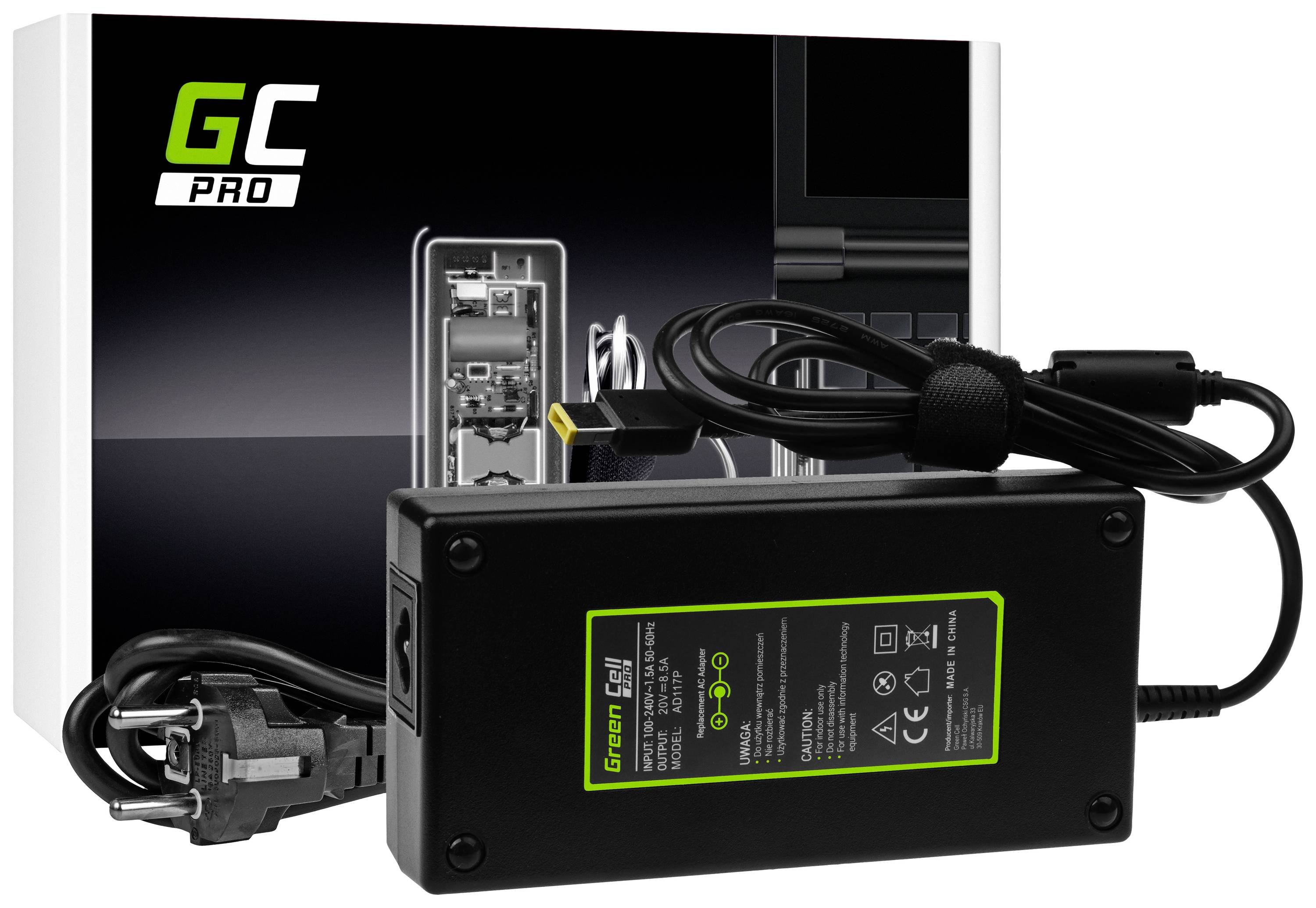 Ein Ladegerät mit Netzkabel, vor einer Verpackung mit der Aufschrift 'GC Pro'. Geeignet für elektronische Geräte.