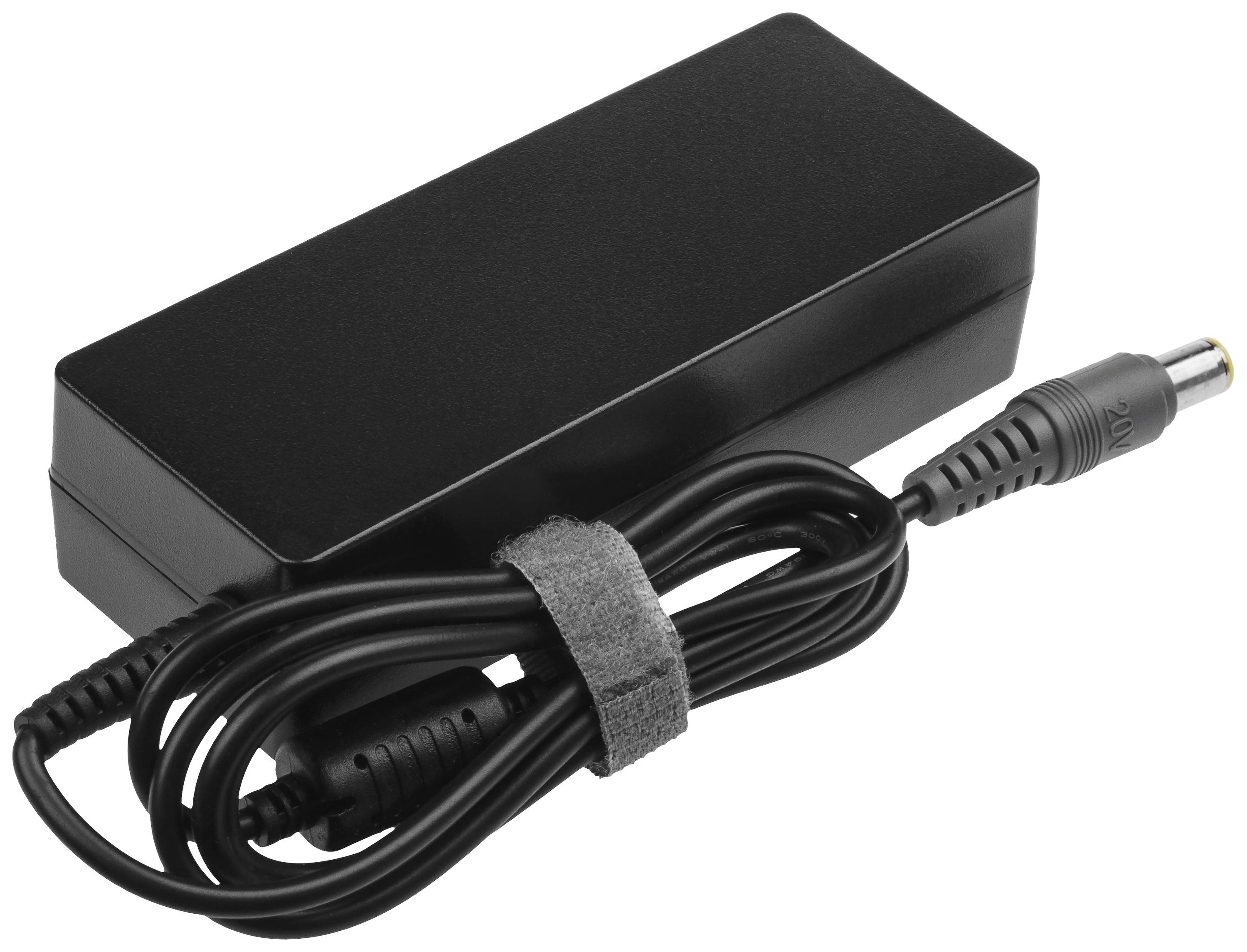 Ein schwarzes Netzteil mit Kabel und rundem Stecker, aufgerollt und mit einer Klettverschlusshalterung gesichert.