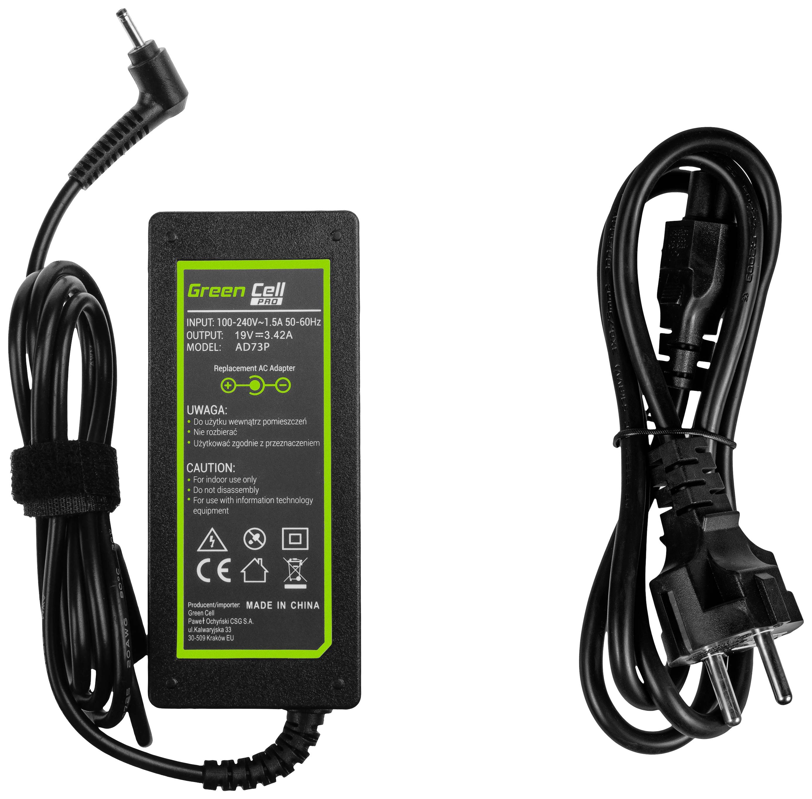 Ein schwarzes Laptop-Netzteil mit einem Etikett, das technische Informationen wie Eingangsspannung von 100-240V und Ausgang 19V, 3,42A zeigt. Daneben ein zusammengebundenes Stromkabel mit Stecker.