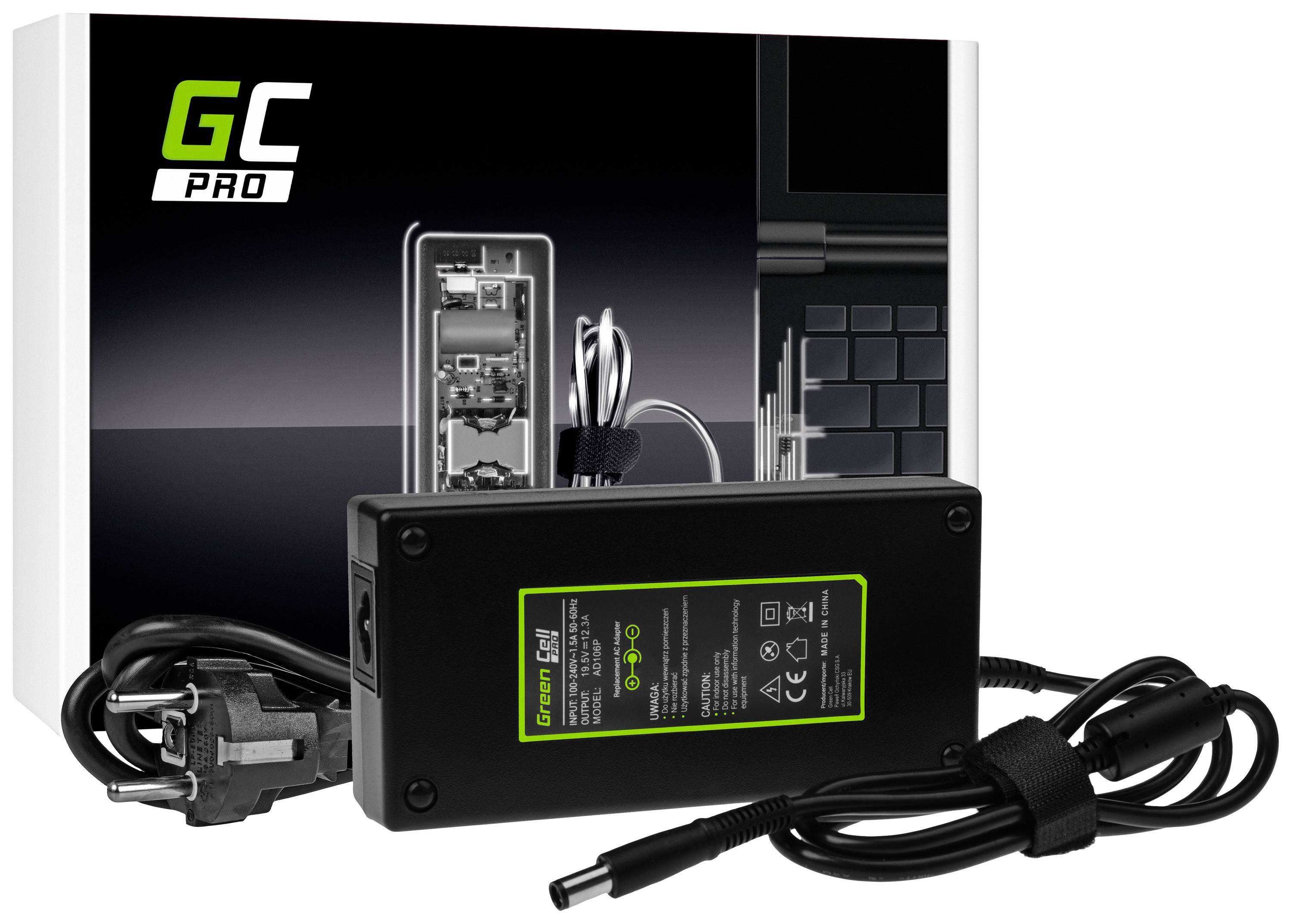 Ein schwarzes Laptop-Netzteil mit Kabeln liegt vor einer Verpackung mit der Aufschrift 'GC Pro' und einem Bild eines Laptop-Innenlebens.