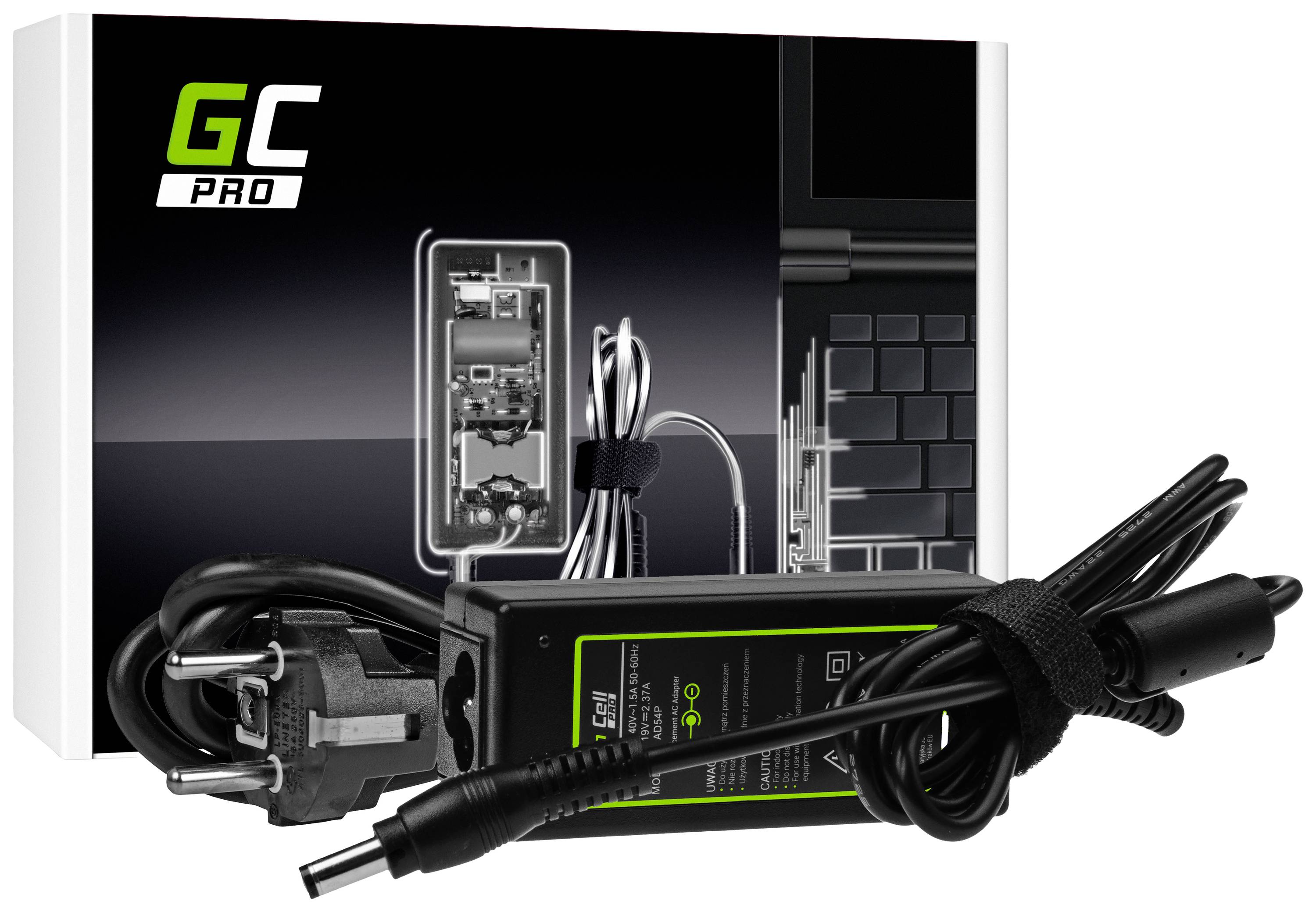 Laptop-Netzteil 'GC PRO' mit EU-Stecker, schwarzem Kabel und Verpackung. Geeignet für verschiedene Laptop-Modelle.