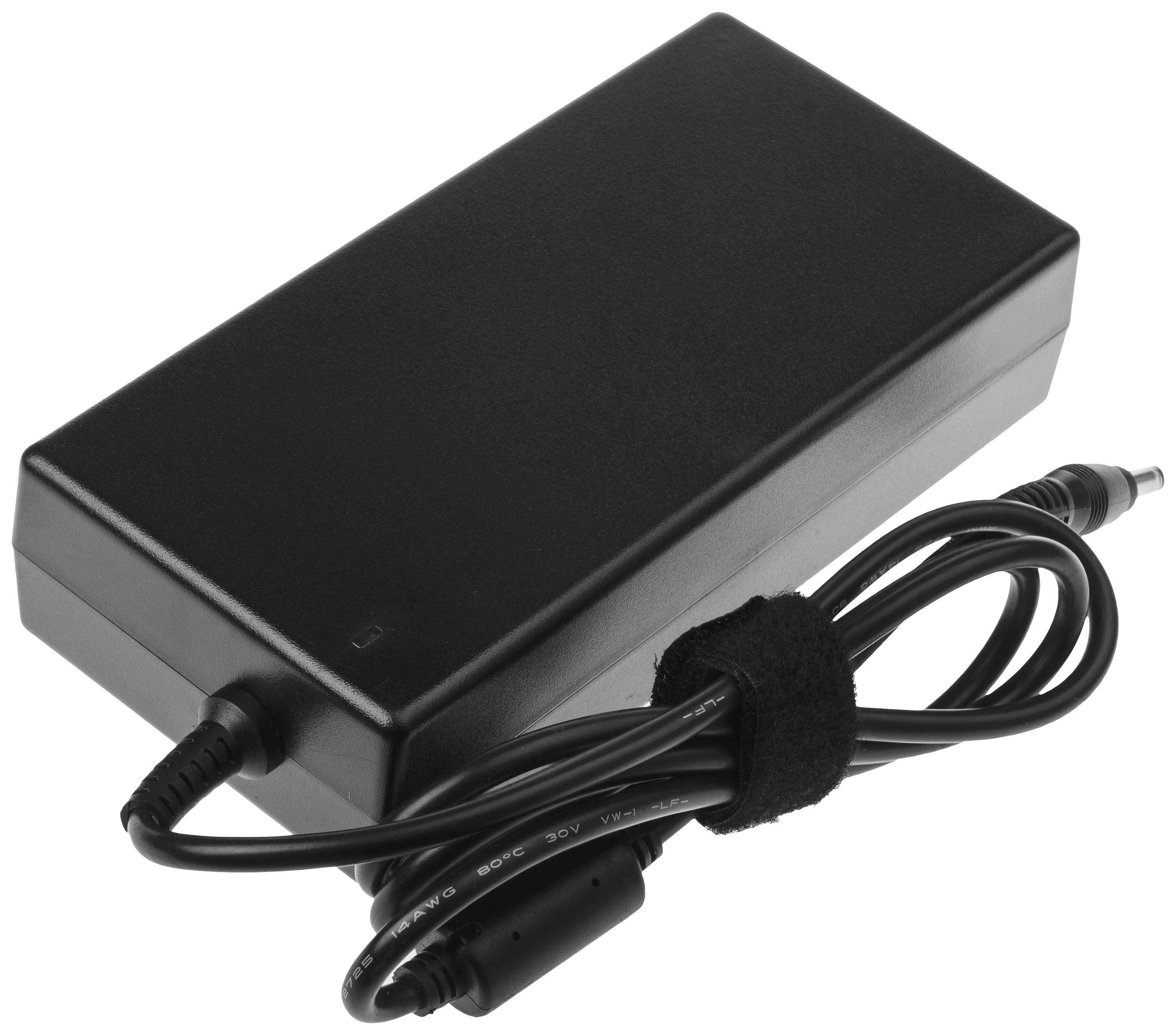 Ein schwarzes Laptop-Netzteil mit einem angehängten Stromkabel. Es ist rechteckig und kompakt, für den Anschluss an ein Gerät vorgesehen.