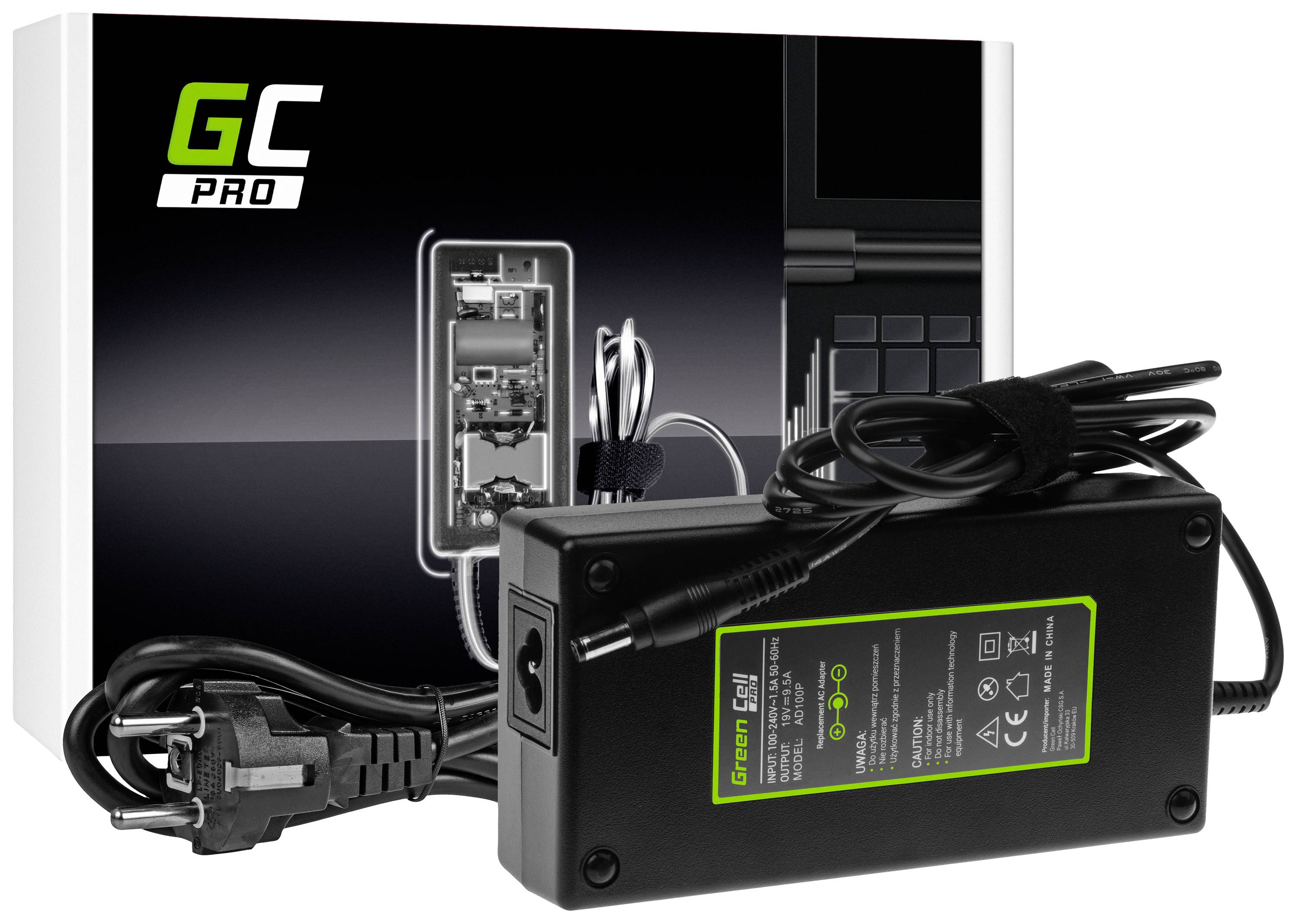 Schwarzes Laptop-Netzteil mit Kabel vor schwarzer Verpackung mit Markenlogo 'GC Pro'. Ein weiteres Kabel ist ebenfalls sichtbar.