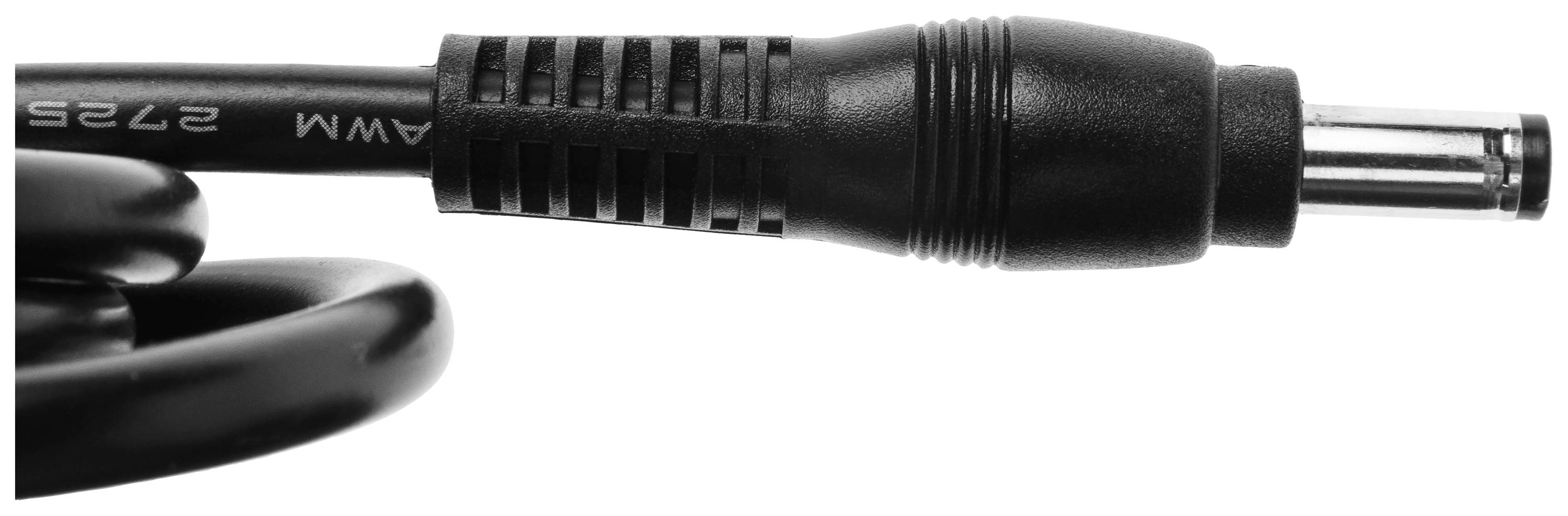 Schwarzer Gleichstromstecker mit Spiralverbindungskabel, Nahaufnahme.