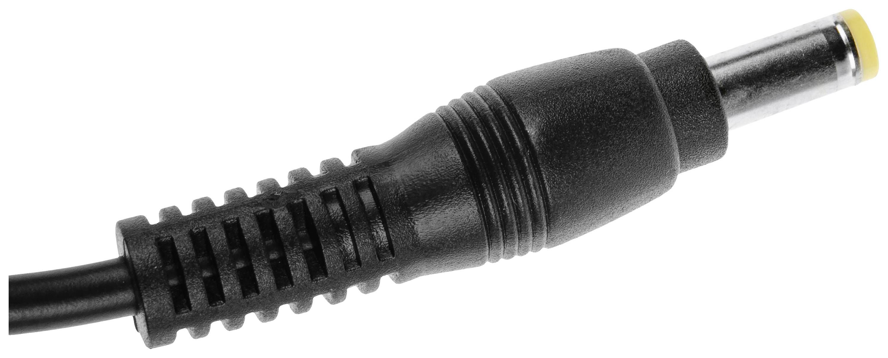 Schwarzer Gleichstromstecker mit geriffelten Griff und gelber Spitze, häufig zum Anschließen von elektrischen Geräten verwendet.