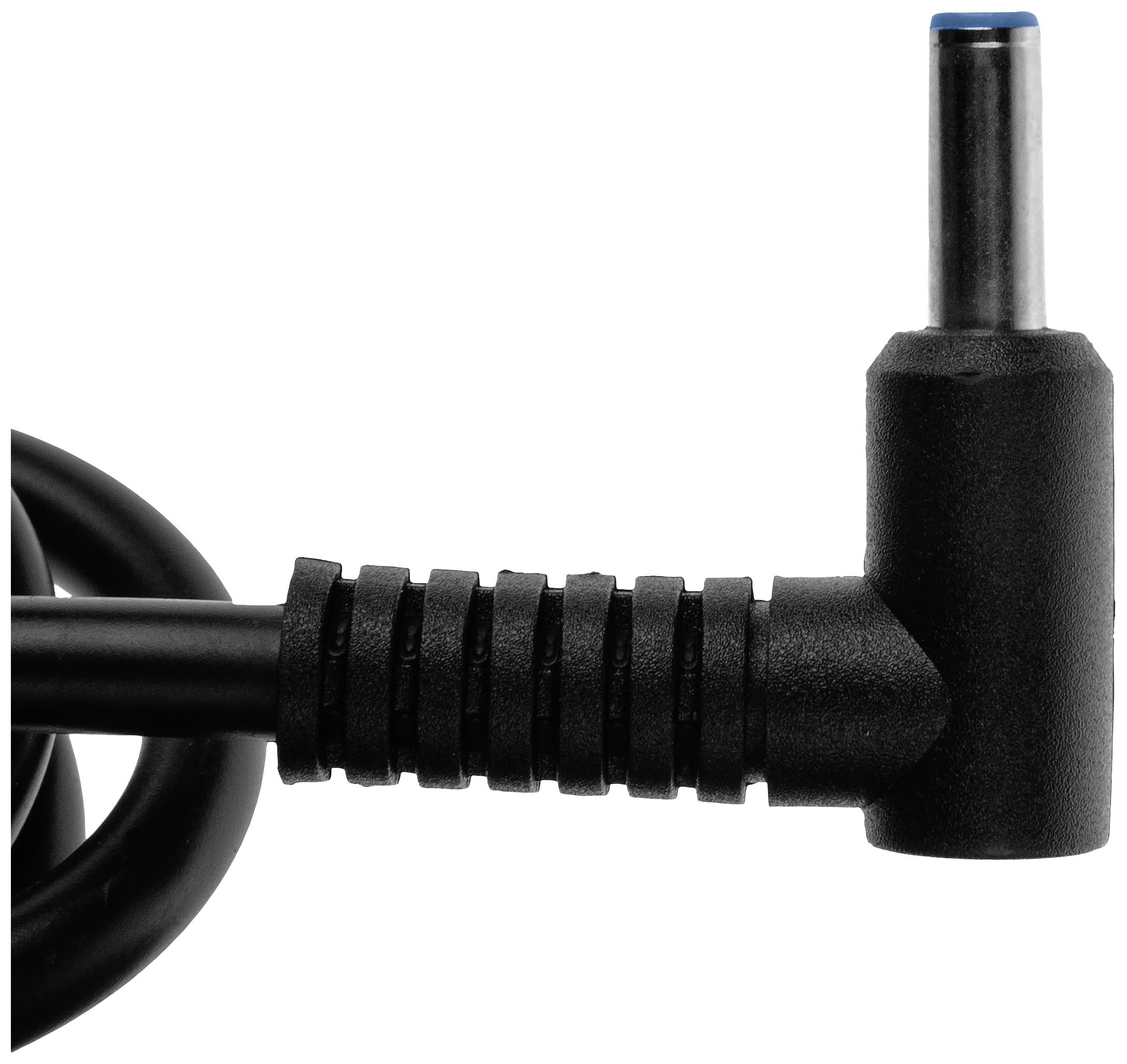 Schwarzes Laptop-Ladekabel mit Winkelstecker und blauem Ring am Ende, isoliert auf weißem Hintergrund.