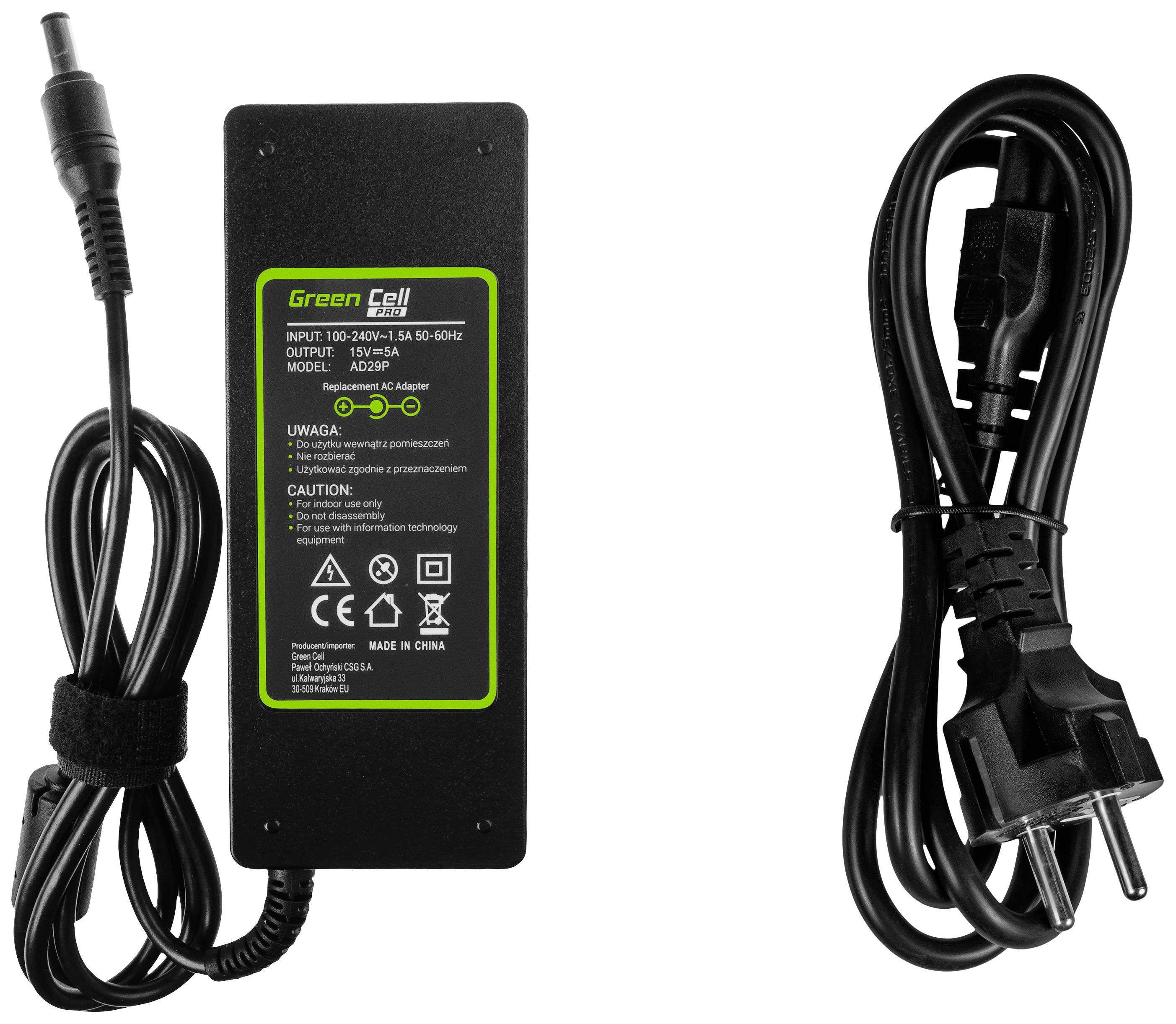 Netzteil mit Kabel und Stecker, Modell von Green Cell. Eingangsspannung: 100-240V, Ausgang: 20V-4.5A. Enthält Warnhinweise.