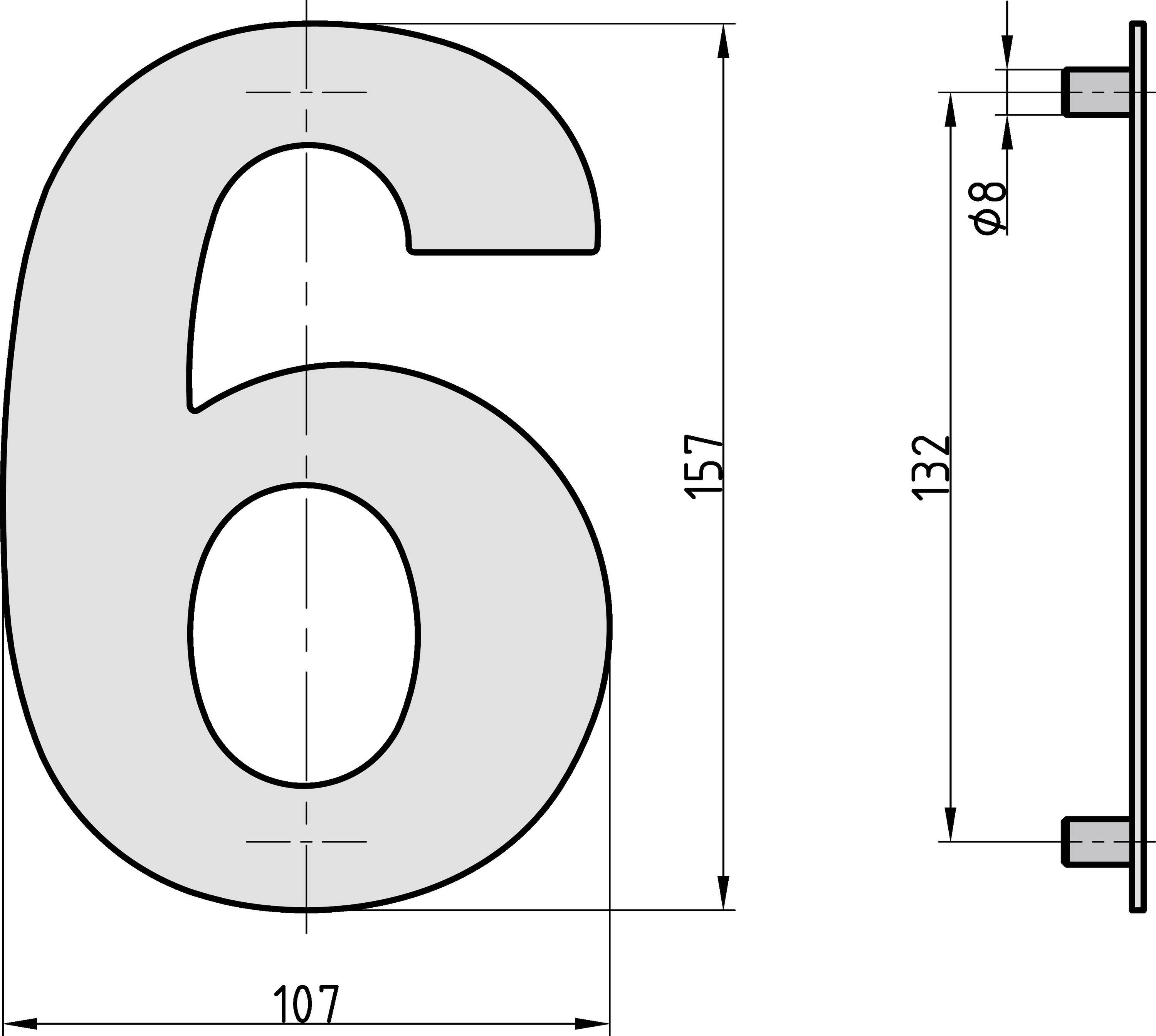 Technische Zeichnung einer Ziffer '6' mit Bemaßungen: Höhe 157, Breite 107 und Tiefe 8 mm. Seitenansicht zeigt Befestigungselement.