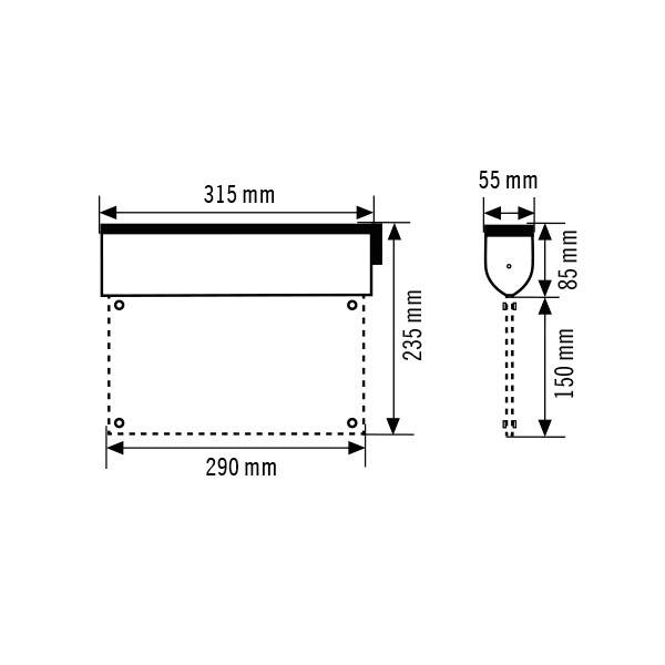 Technische Zeichnung eines rechteckigen Objekts mit Maßen: Breite 315 mm, Höhe 235 mm, Tiefe 290 mm; seitlicher Zusatz 55 mm x 85 mm.