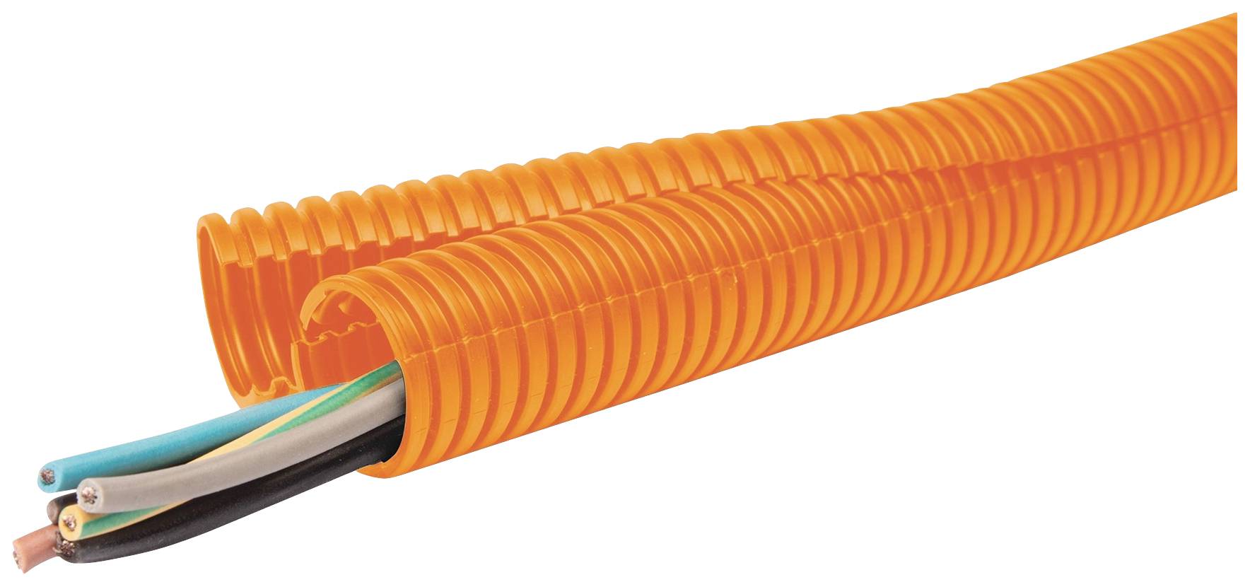 Ein oranges, flexibles Kabelrohr, das mehrere farbige Elektrokabel ummantelt, wird in einem industriellen Kontext gezeigt.