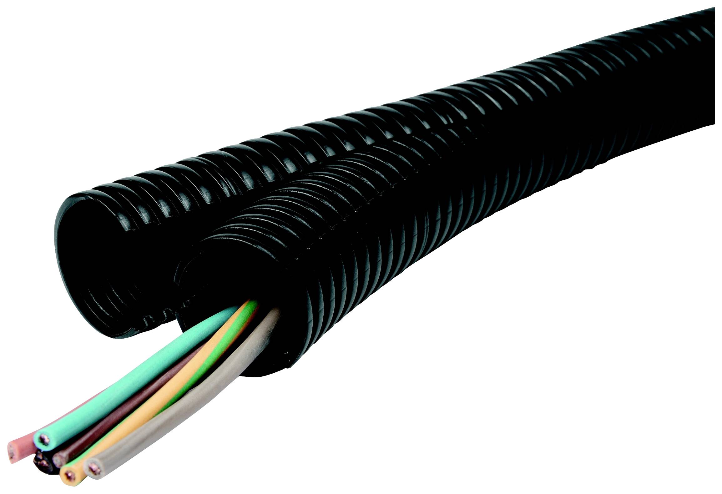 Schwarzer, geriffelter Kabelschlauch mit vier bunten Kabeln (grün, weiß, orange, gelb) sichtbar am offenen Ende des Schlauchs.