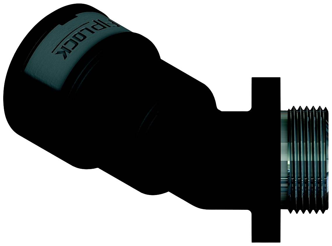 Ein schwarz-blauer Adapter mit Gewinde, seitlich betrachtet, vermutlich zum Verbinden von Schläuchen oder Rohren.