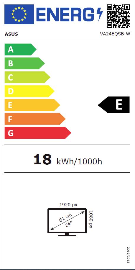 Energieeffizienzklasse E Monitoretikett: 18 kWh/1000h, Bildschirmgröße 24 Zoll, 1920x1080 Pixel.