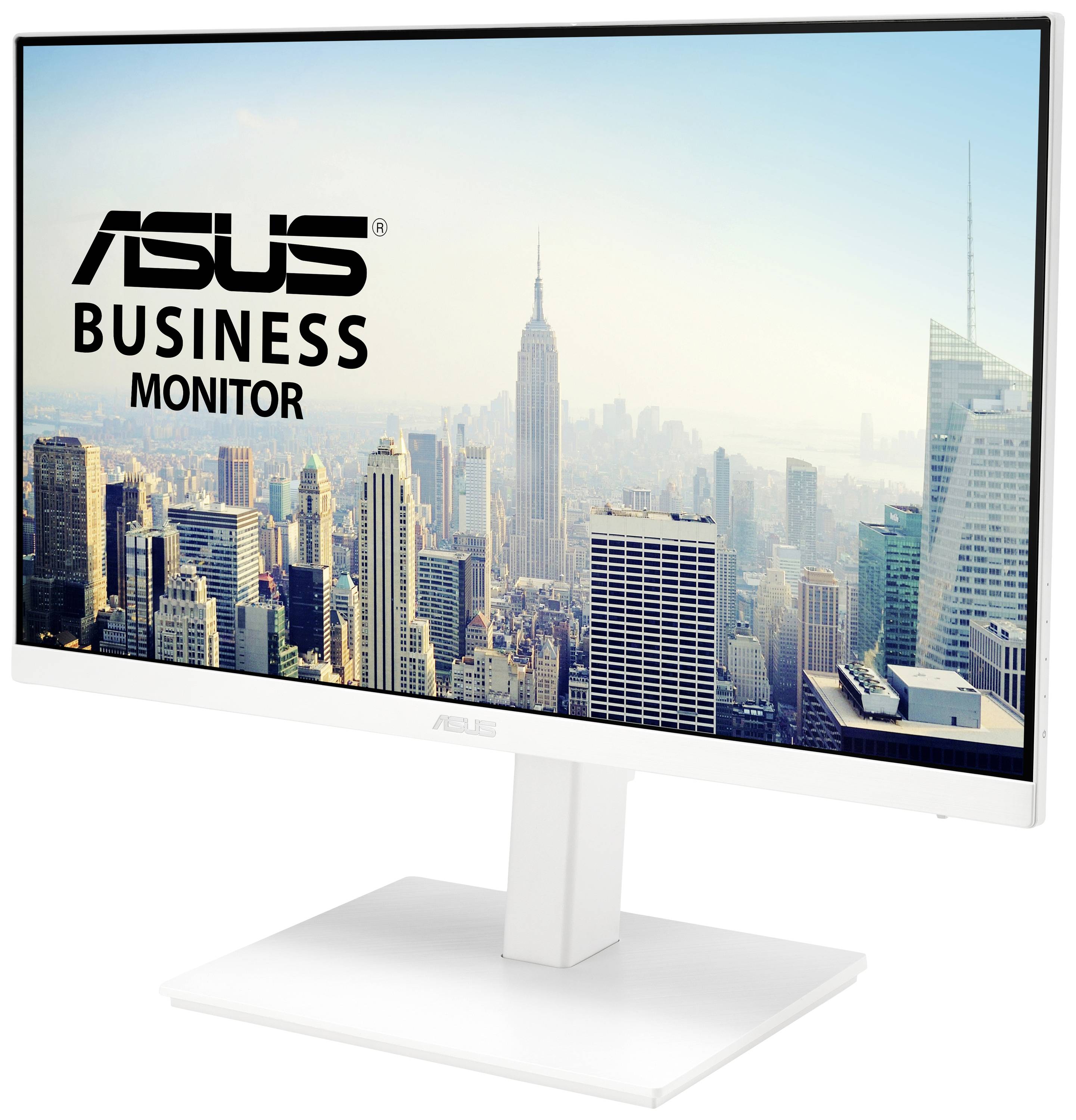 Ein ASUS Business-Monitor mit Stadtansicht im Hintergrund, zeigt eine Skyline mit Wolkenkratzern, darunter das Empire State Building.