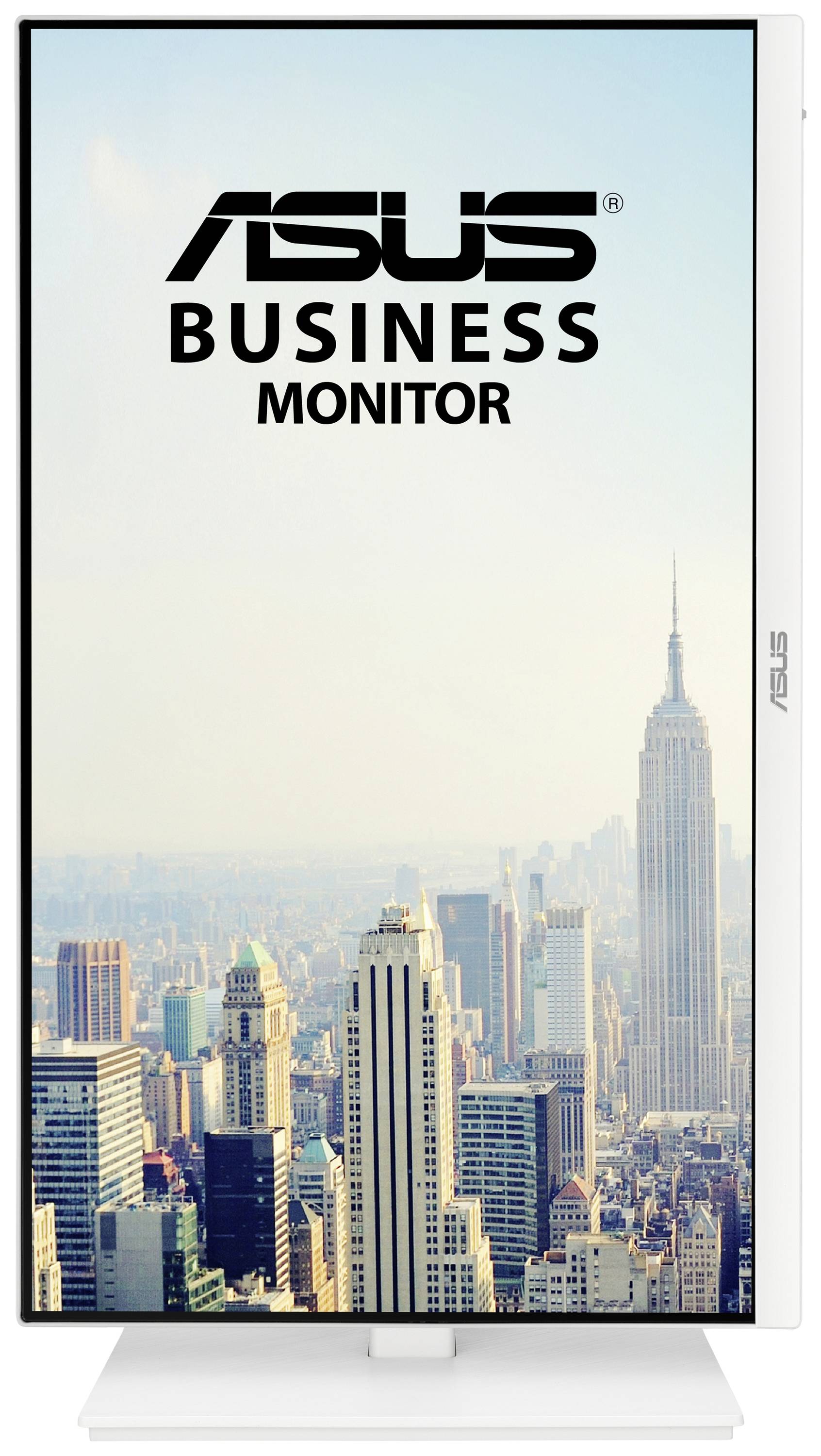 Ein ASUS Business Monitor zeigt die Skyline einer Stadt mit mehreren Wolkenkratzern, darunter ein markanter Turm im Hintergrund.